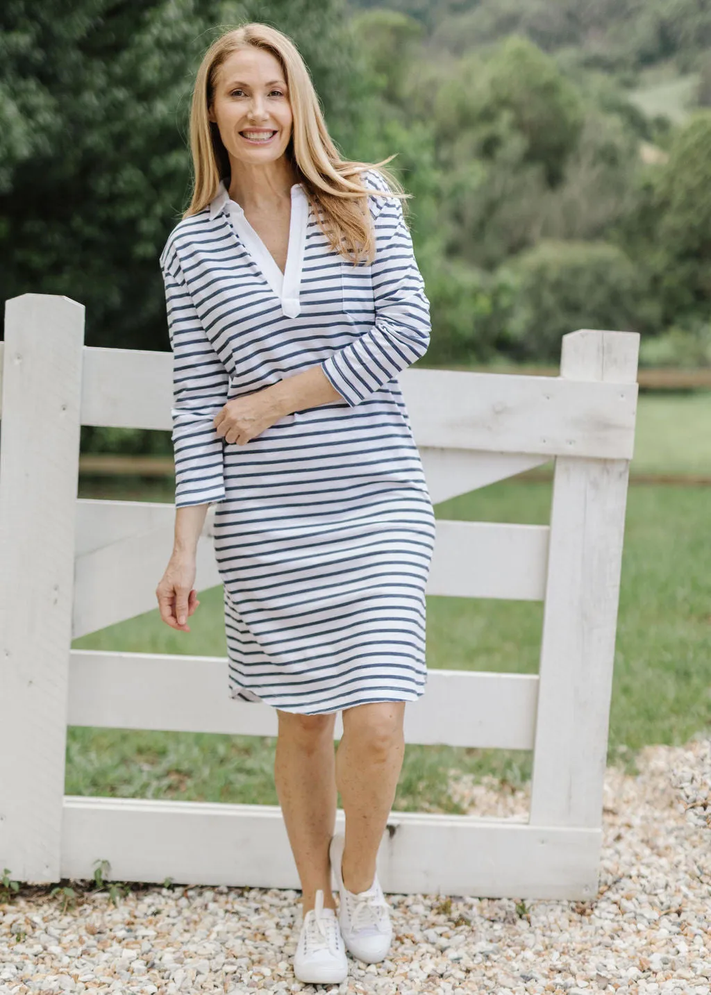 100% Cotton Stripe 3/4 Sleeve Polo Dress White / Denim Blue