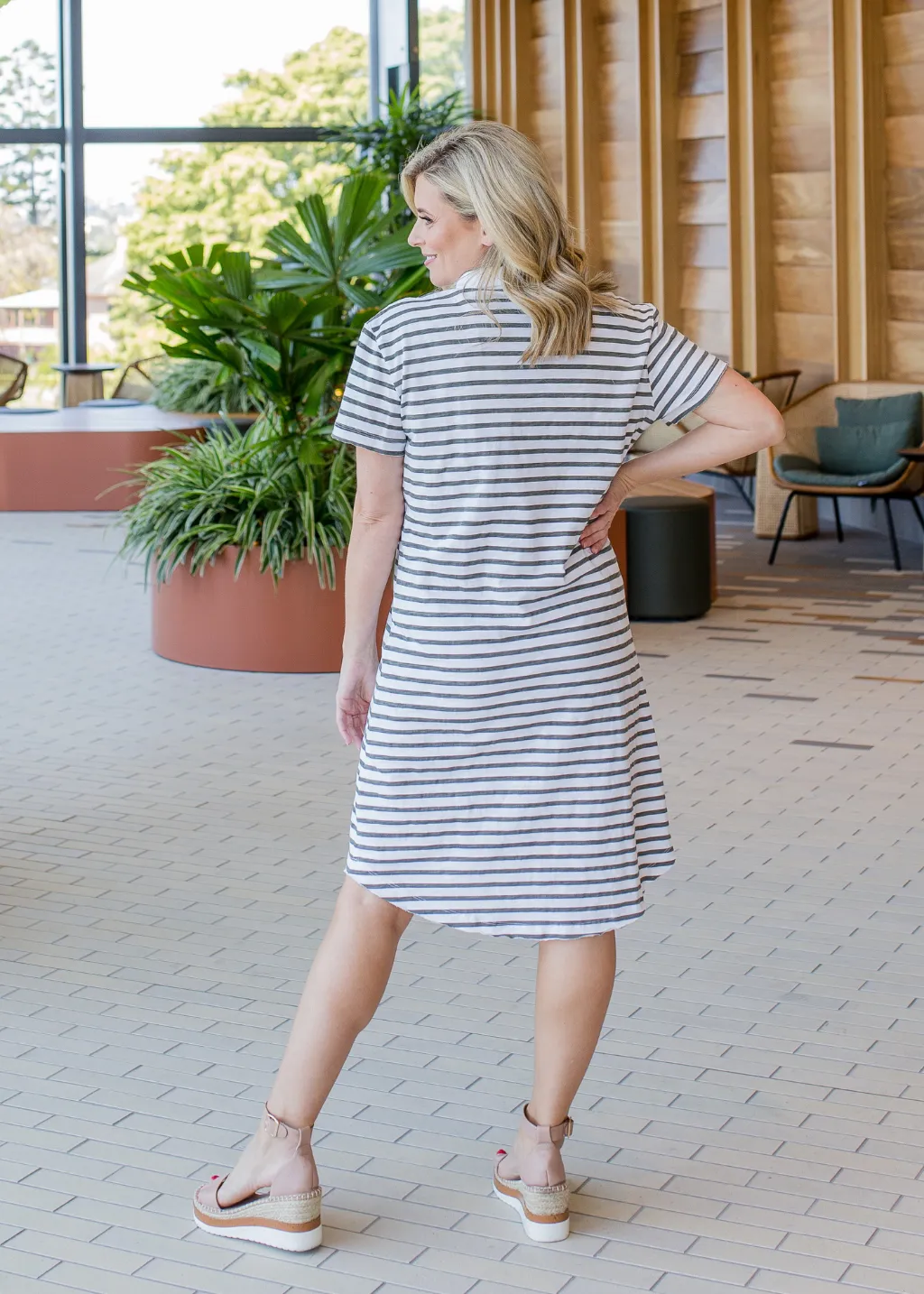 100% Cotton Stripe Polo Dress White / Khaki