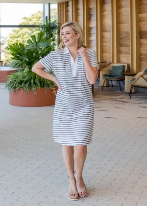 100% Cotton Stripe Polo Dress White / Khaki