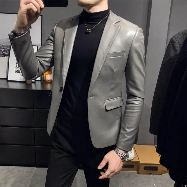 2021 Brand clothing Fashion Men's High quality Casual leather jacket Male slim fit business leather Suit coats/Man Blazers