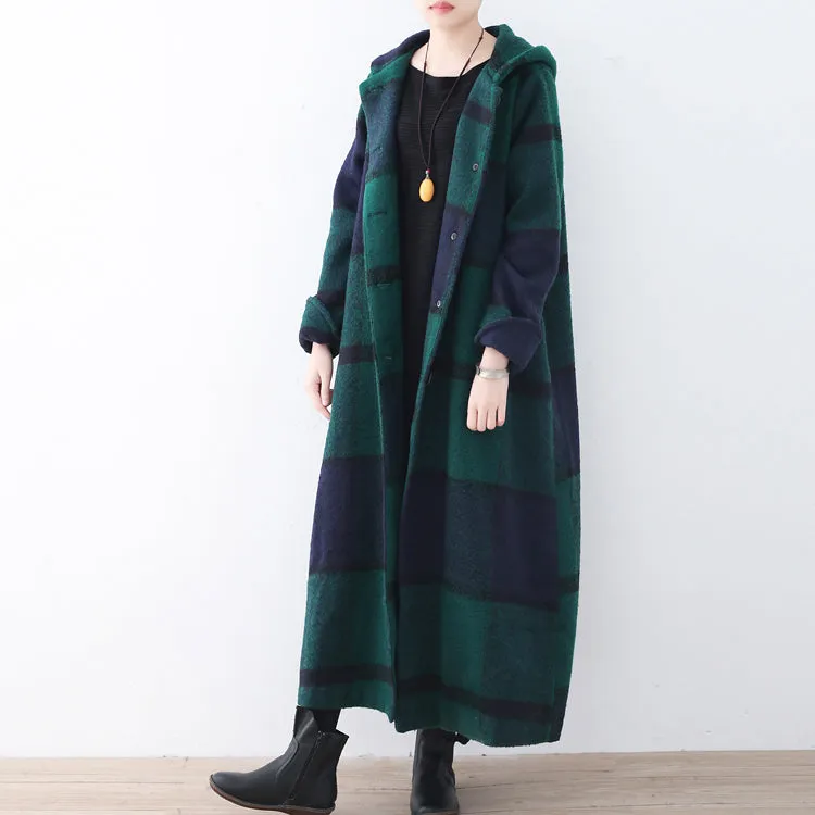 2021 green woolen coat casual trench coat plaid long coats hooded