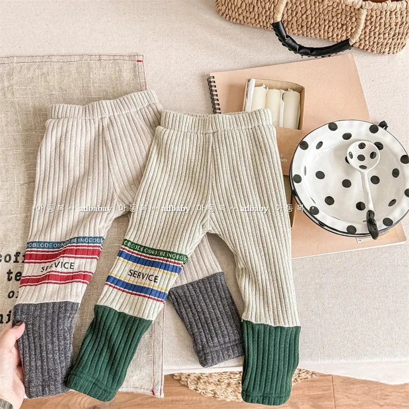 2023 Winter New Baby Plus Velvet Thick Leggings Infant Girl Striped Warm Pants Cotton Splice Toddler Kids Fleece Casual Trousers