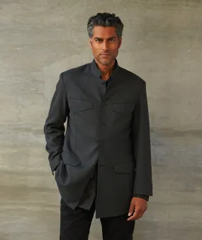 4 Pocket Band Collar Wool Crepe Jacket