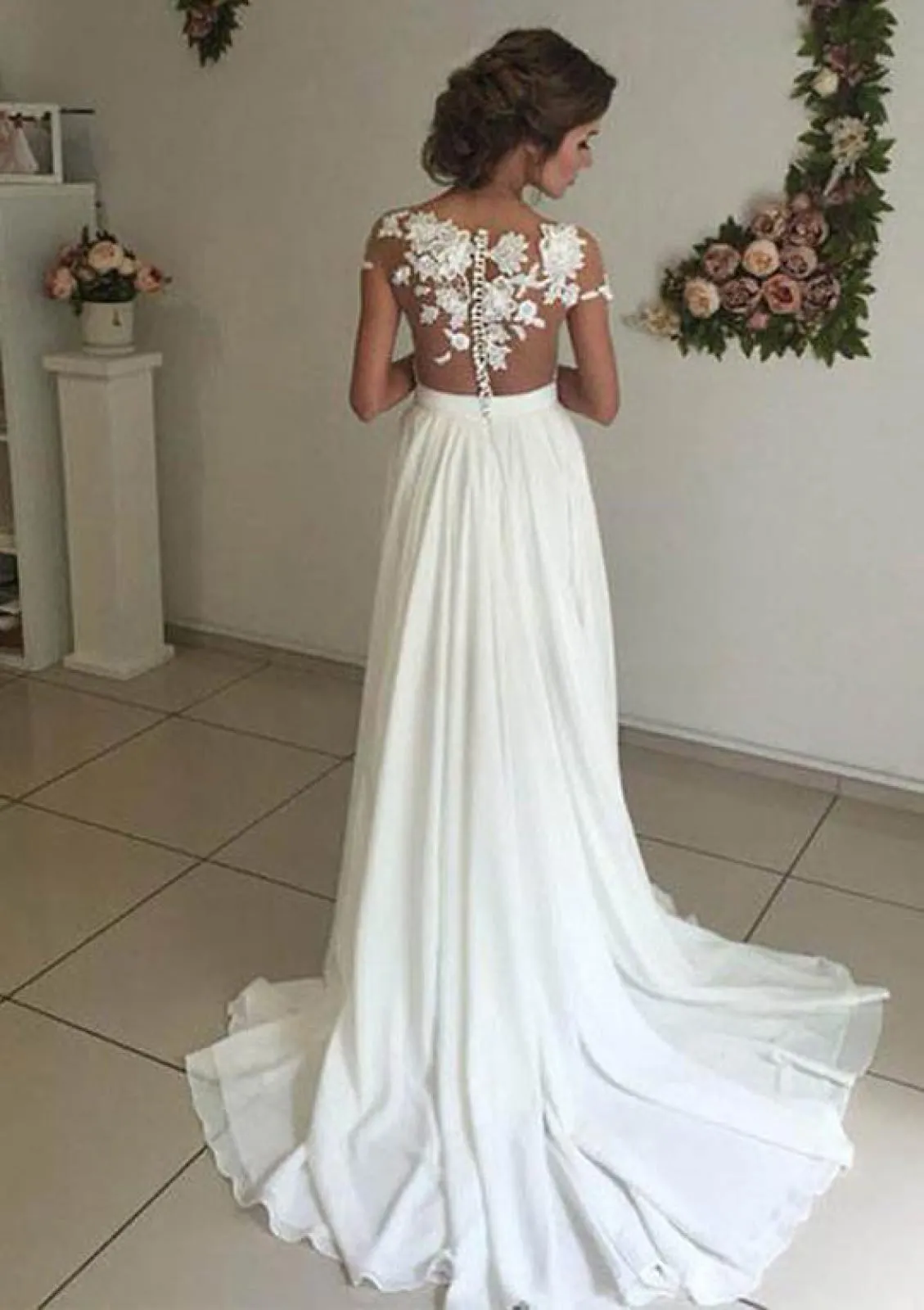 A-line Lace Off Shoulder Chiffon Court Train Split Wedding Dress