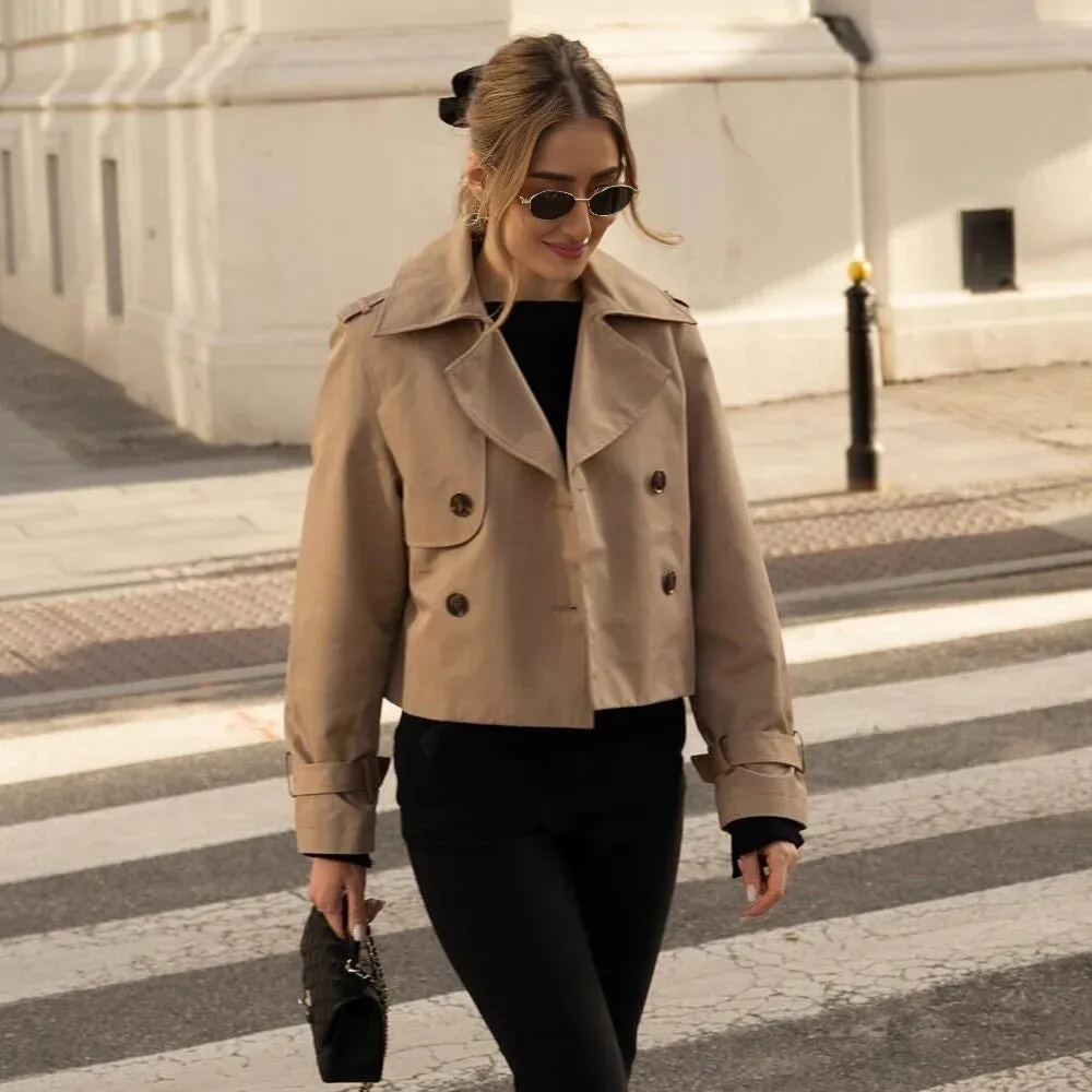 Advbridge Ladies Vintage Cropped Trench Spring Autumn Jacket Women Streetwear Double Breasted Long Sleeve Top Female Chic Coat Outfits