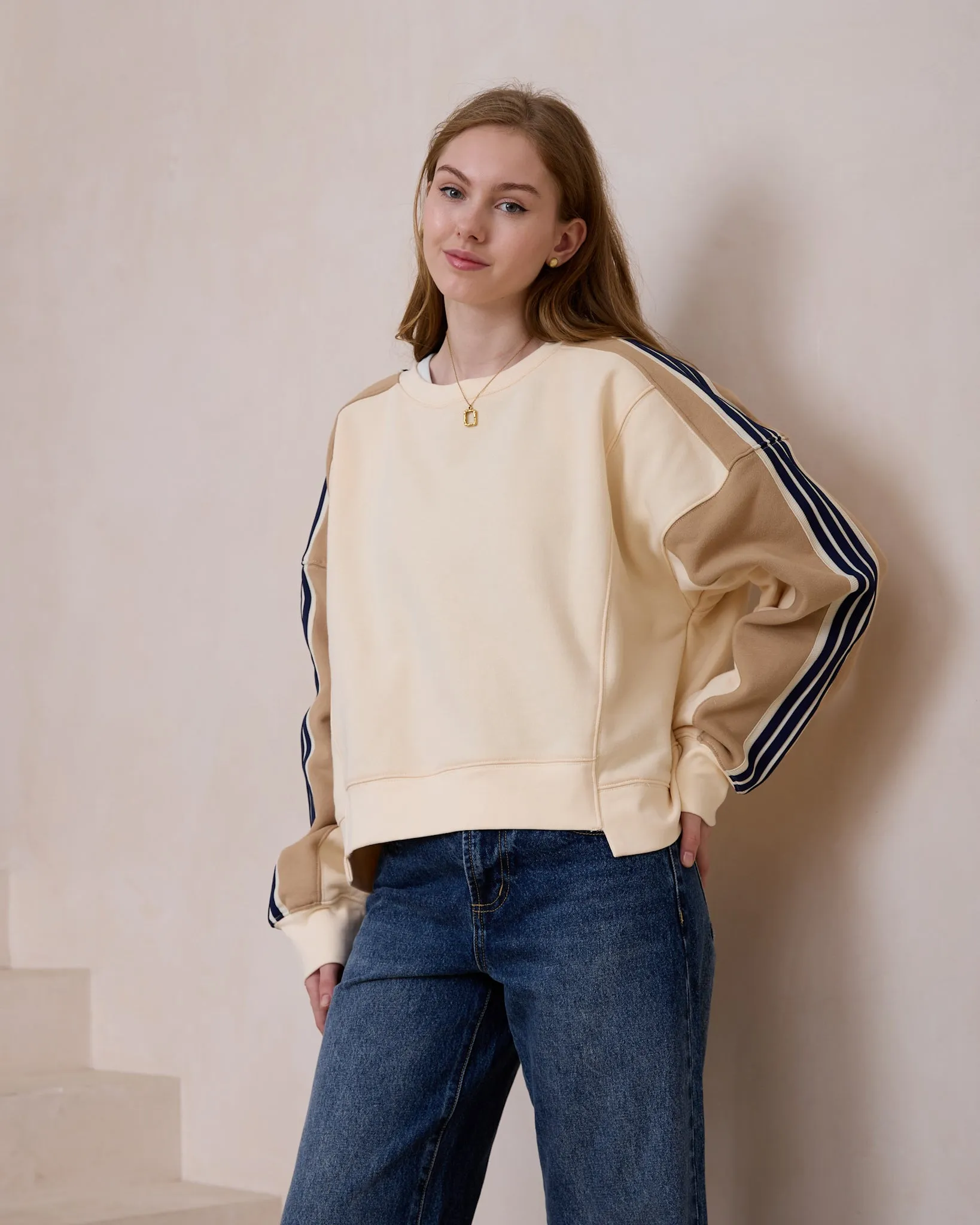 Alex Cream Beige Contrast Stripe Sweatshirt