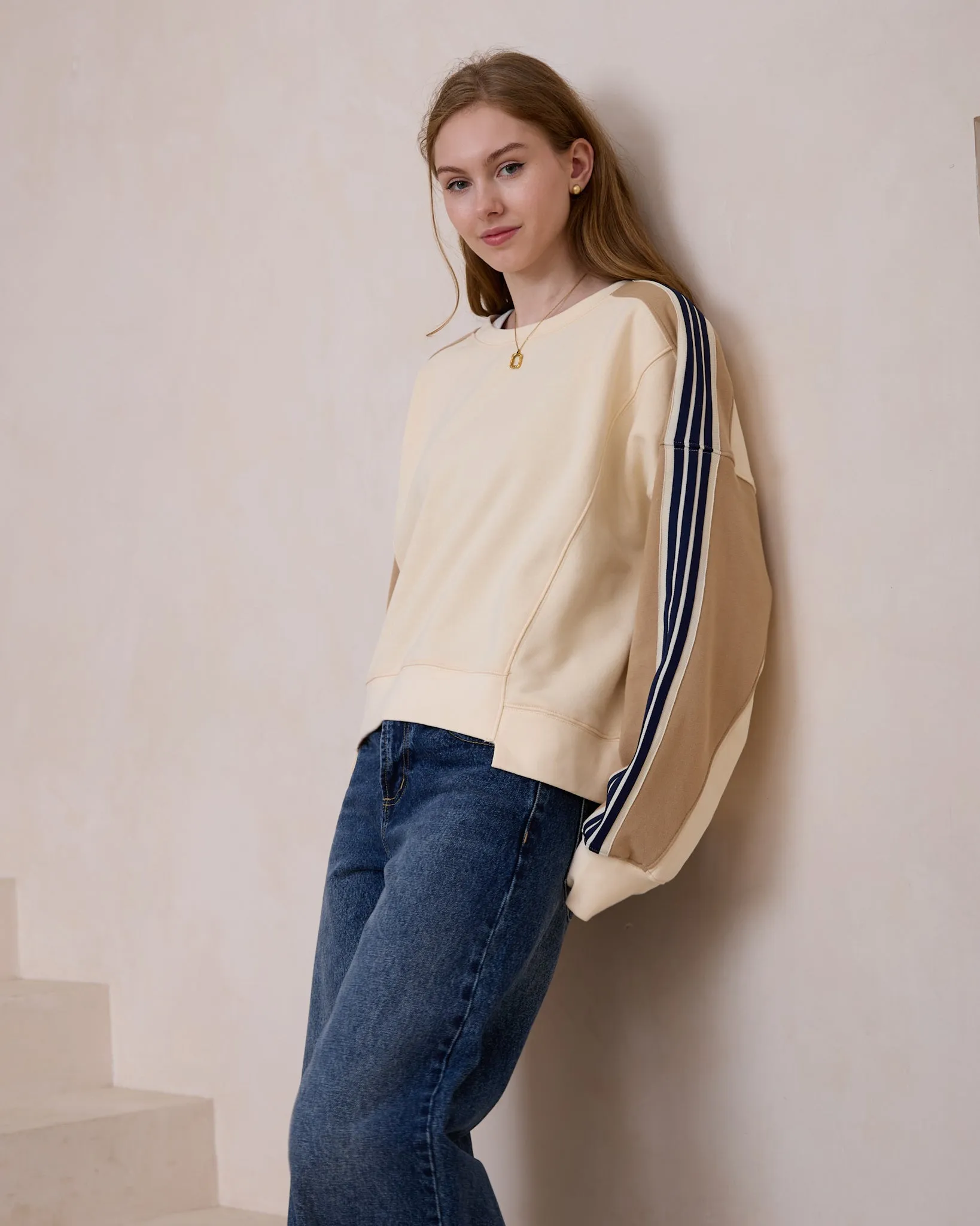 Alex Cream Beige Contrast Stripe Sweatshirt