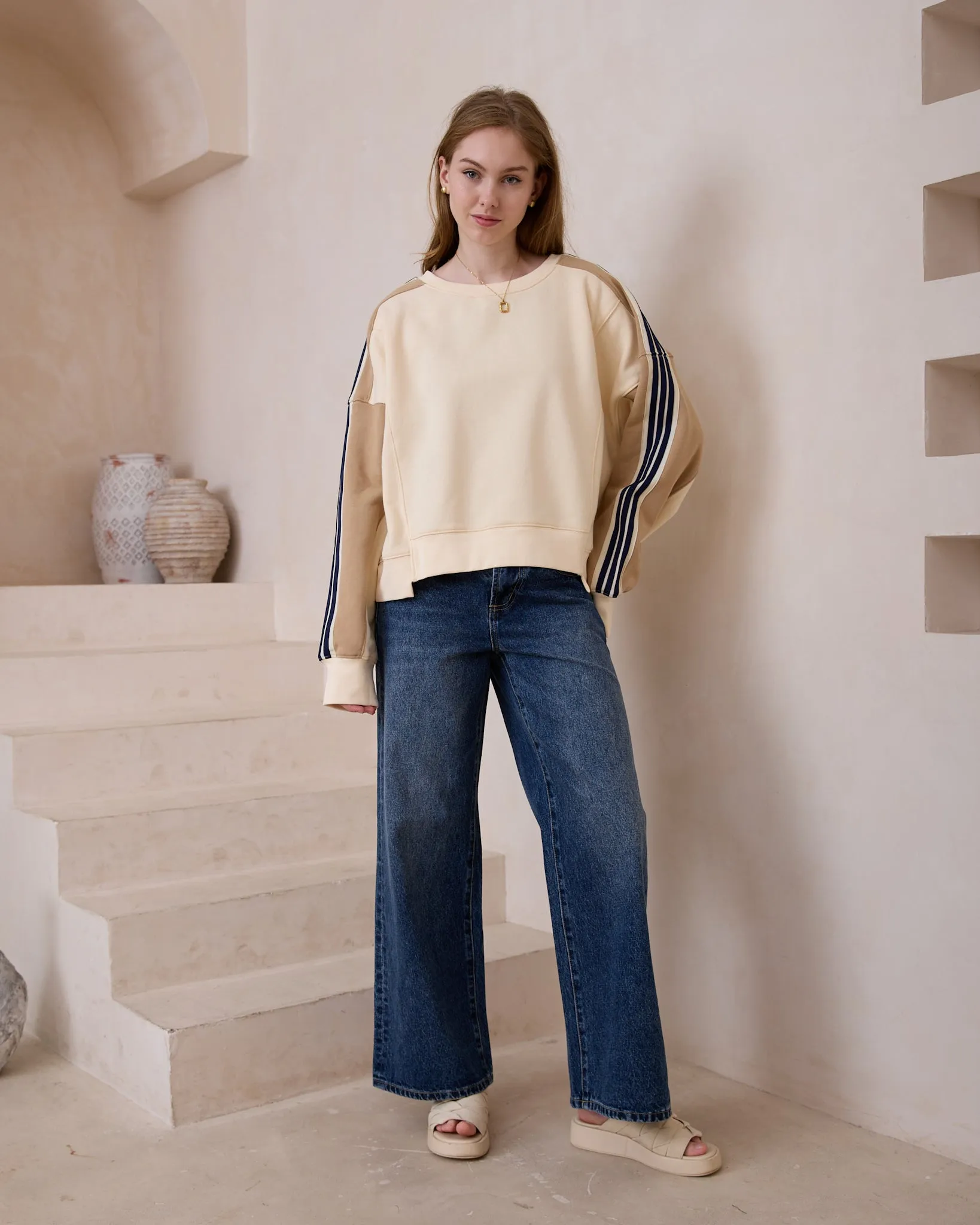 Alex Cream Beige Contrast Stripe Sweatshirt