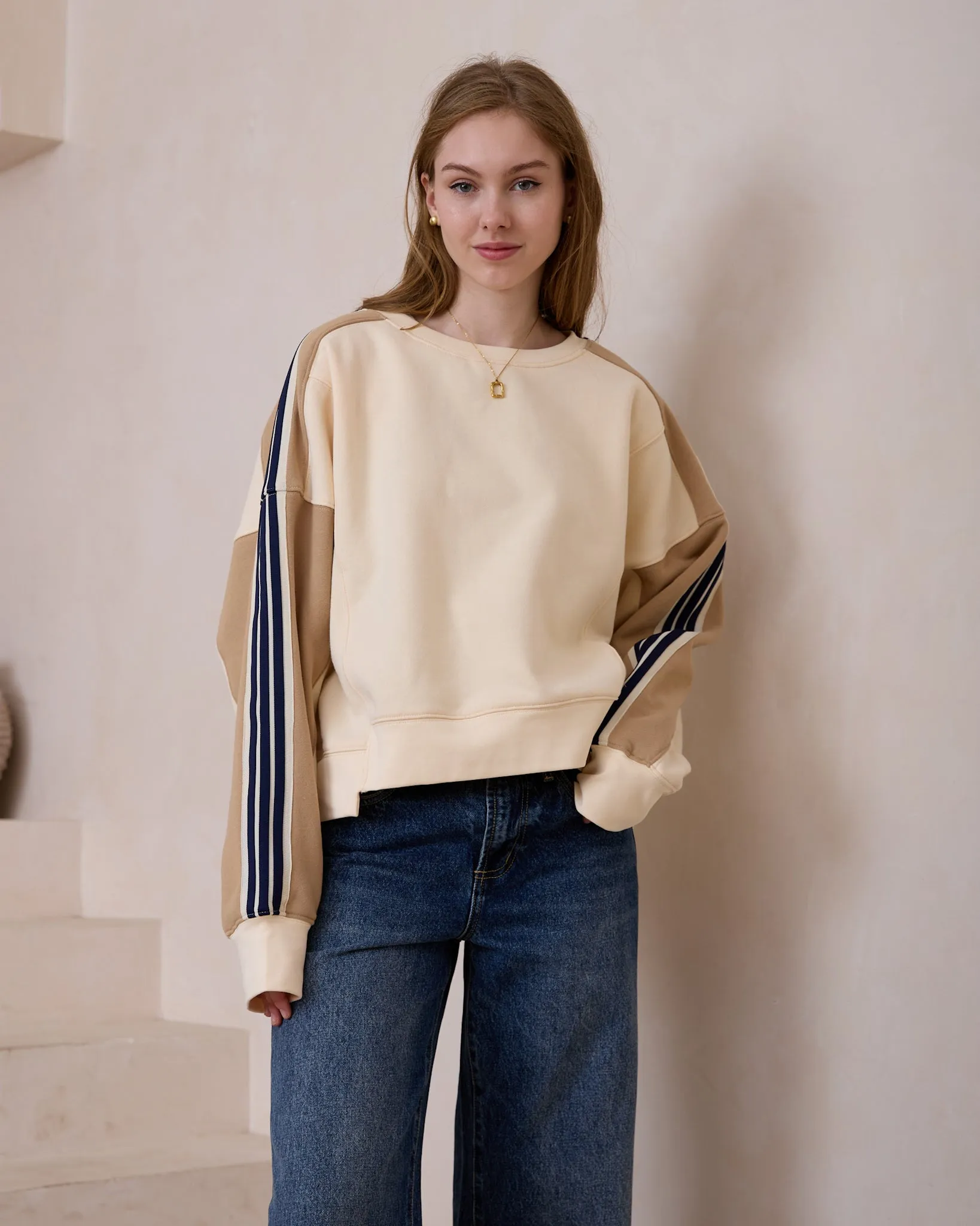 Alex Cream Beige Contrast Stripe Sweatshirt