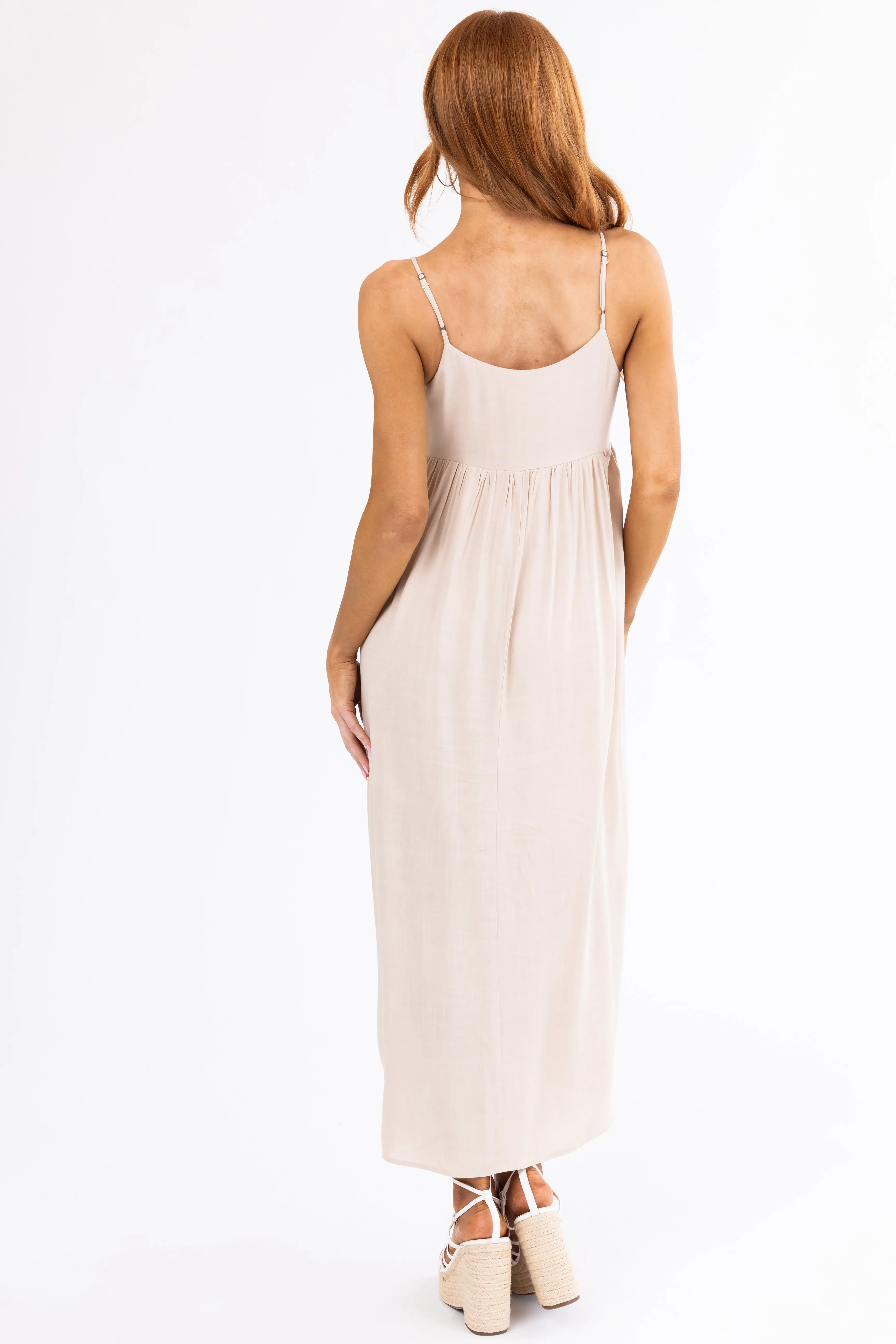 Almond Woven Strapless Flowy Midi Dress