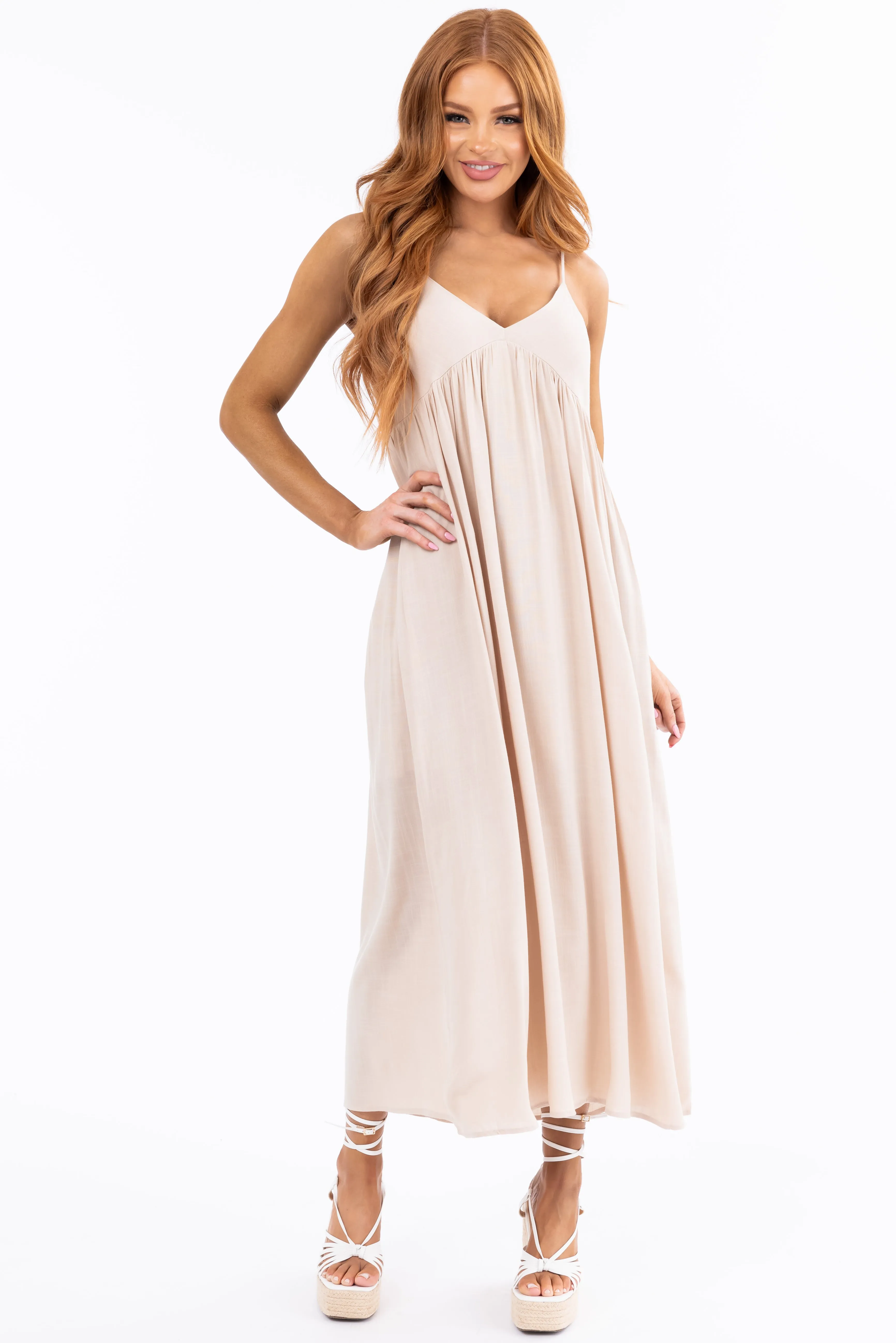 Almond Woven Strapless Flowy Midi Dress