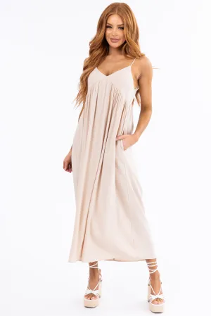 Almond Woven Strapless Flowy Midi Dress