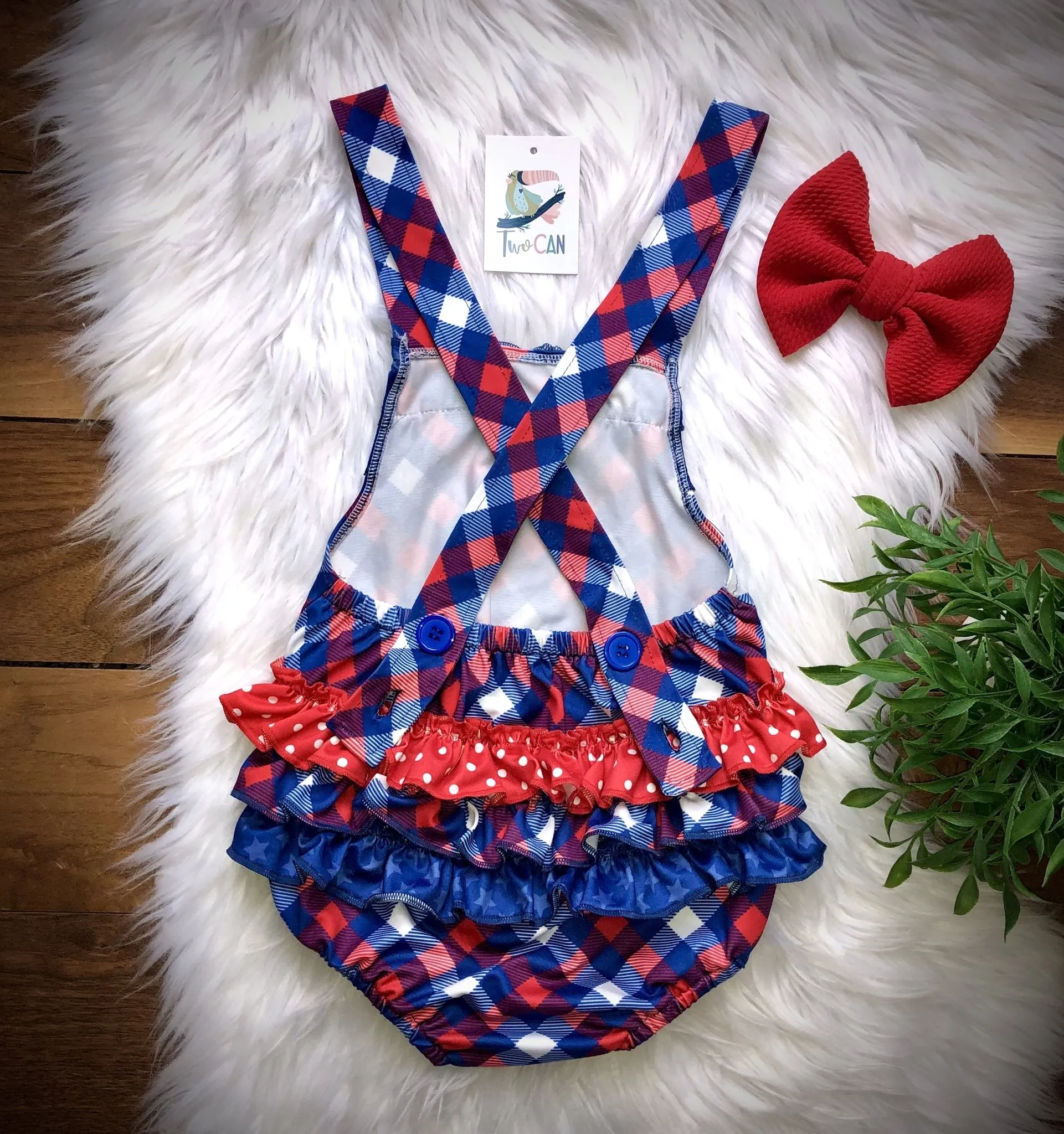 americana plaid bubble romper