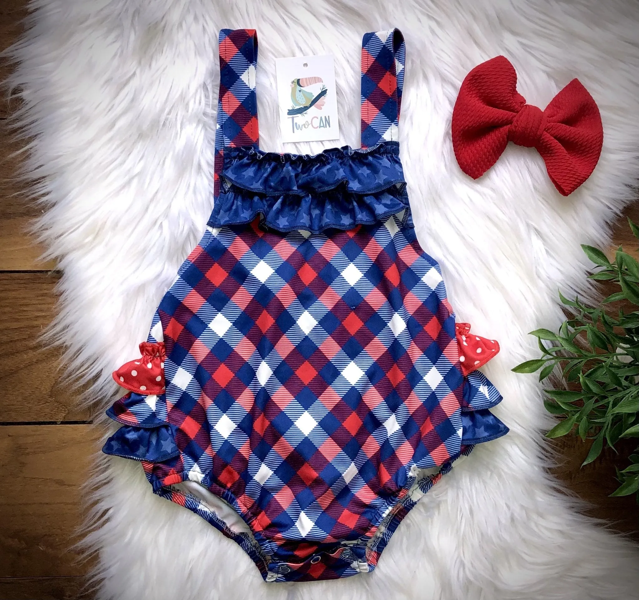 americana plaid bubble romper