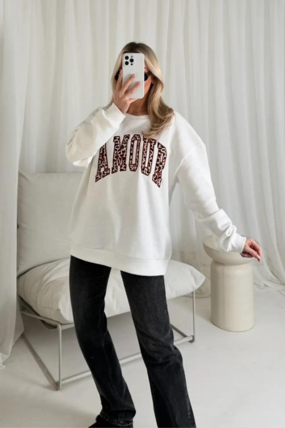 Amour white embroidered leopard sweater