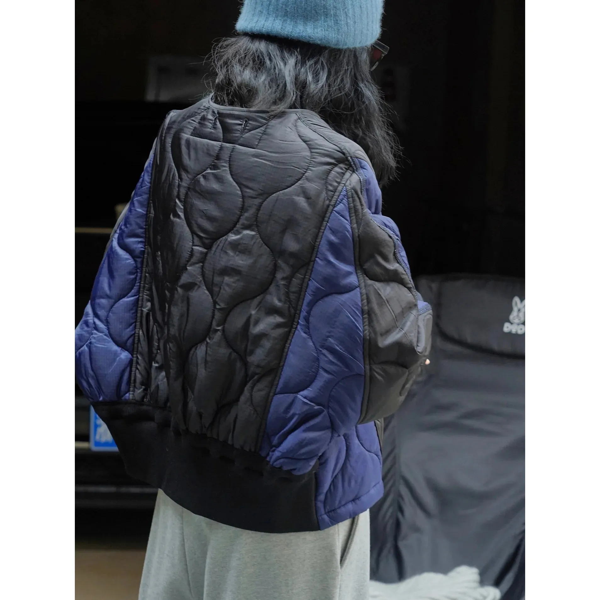 Amozae-Autumn Casual Outfits Amozae-Blue Colorblock Quilted Puffer Jacket Dual Pocket Crop Winter Coat For Women