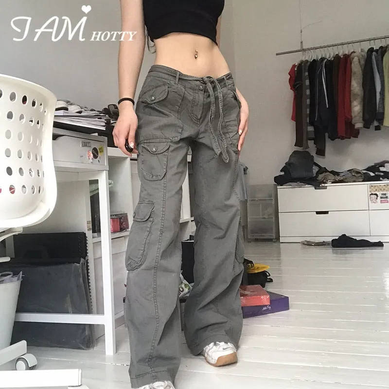 Amozae-  Vintage Grunge Jeans Women Street Style Multi Pockets Cargo Jeans Casual Baggy Denim Trousers Korean Chic Sweatpants