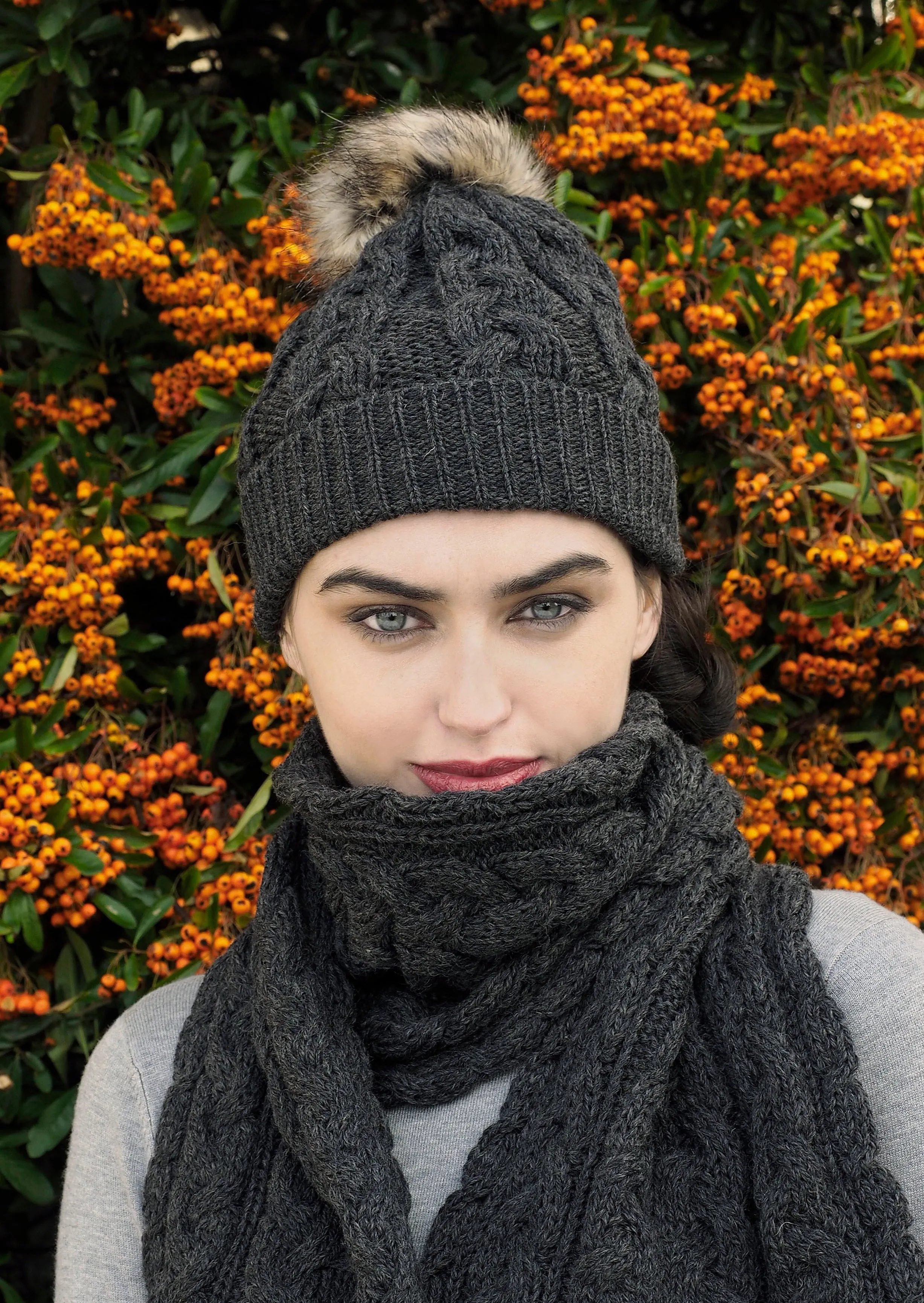 Aran Cable Knit Pom Pom Hat | Charcoal