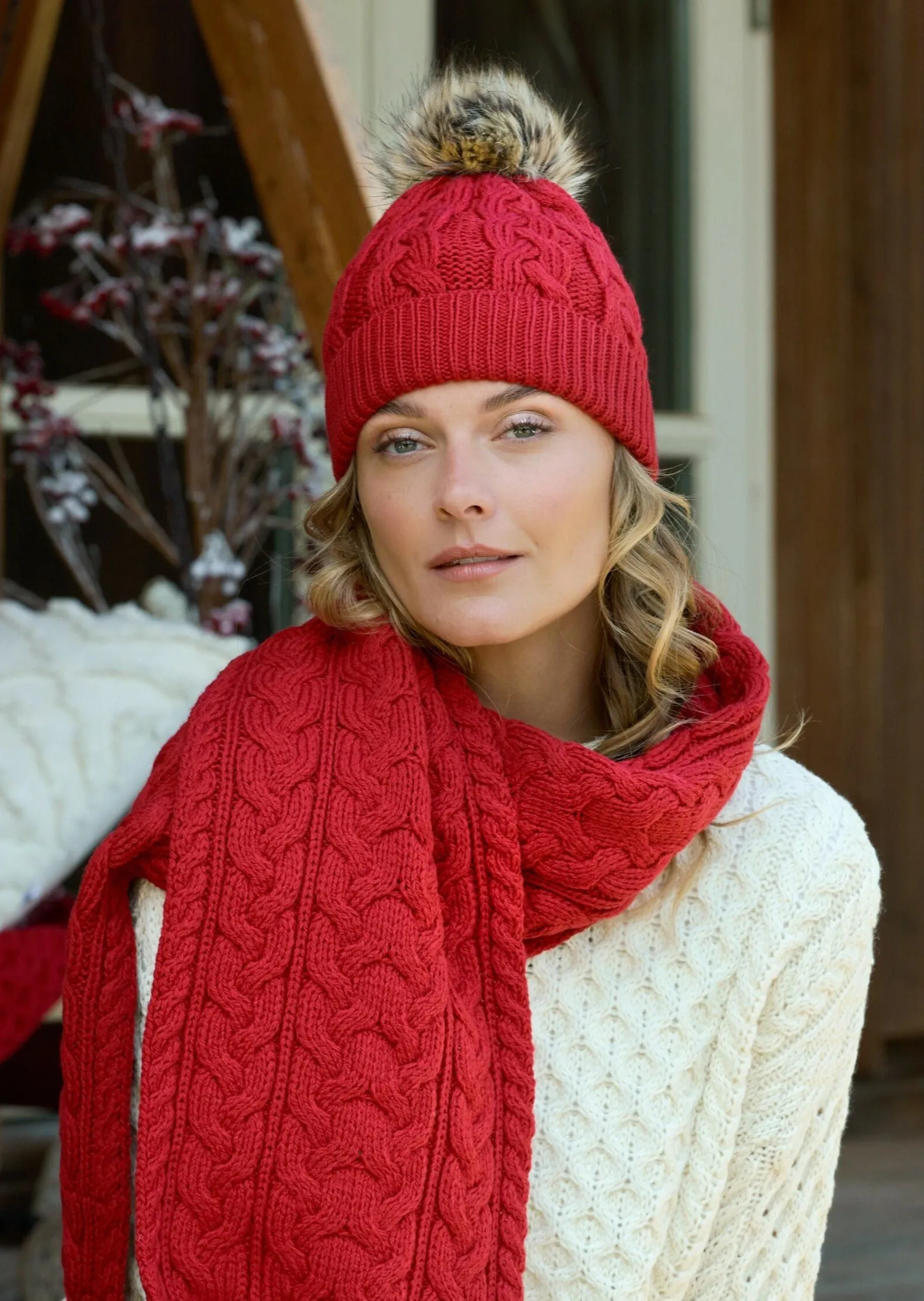 Aran Cable Knit Pom Pom Hat | Red