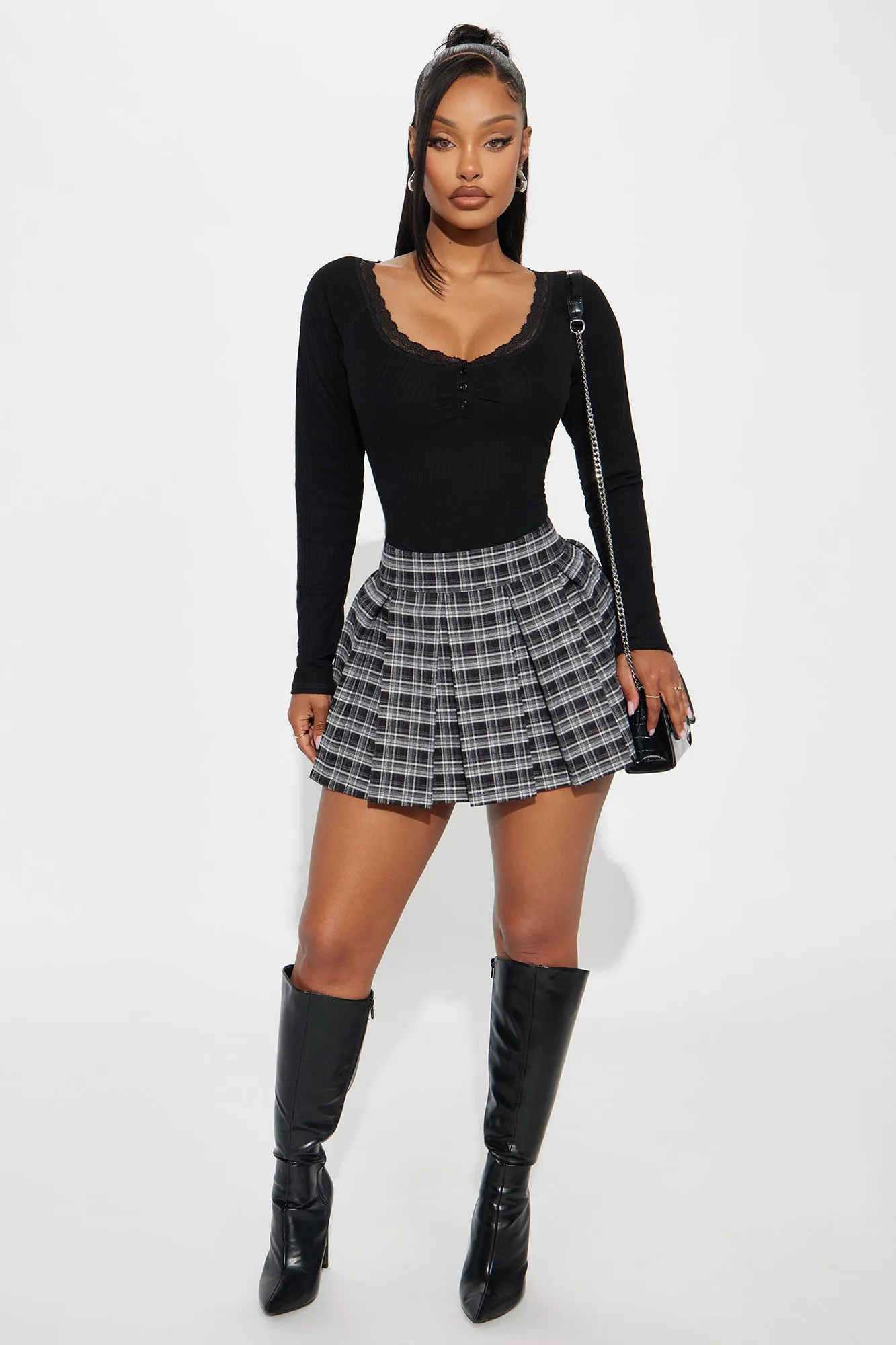 Augustine Plaid Pleated Mini Skirt - Black/combo