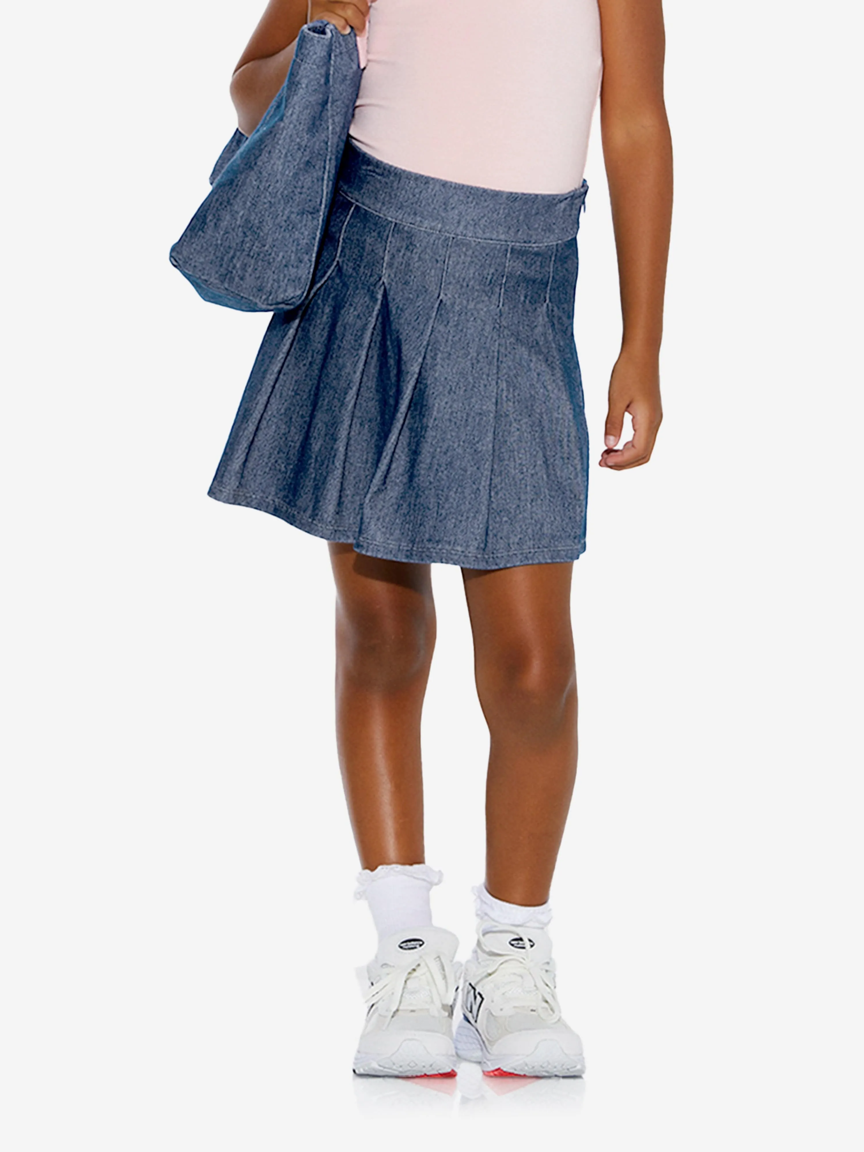 AY by AYLA Girls Denim Look Pleated Mini Skirt in Blue