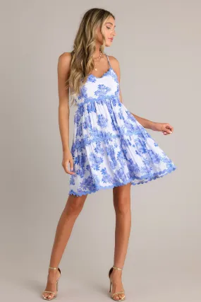 Azure Elegance Blue Floral Ricrac Mini Dress