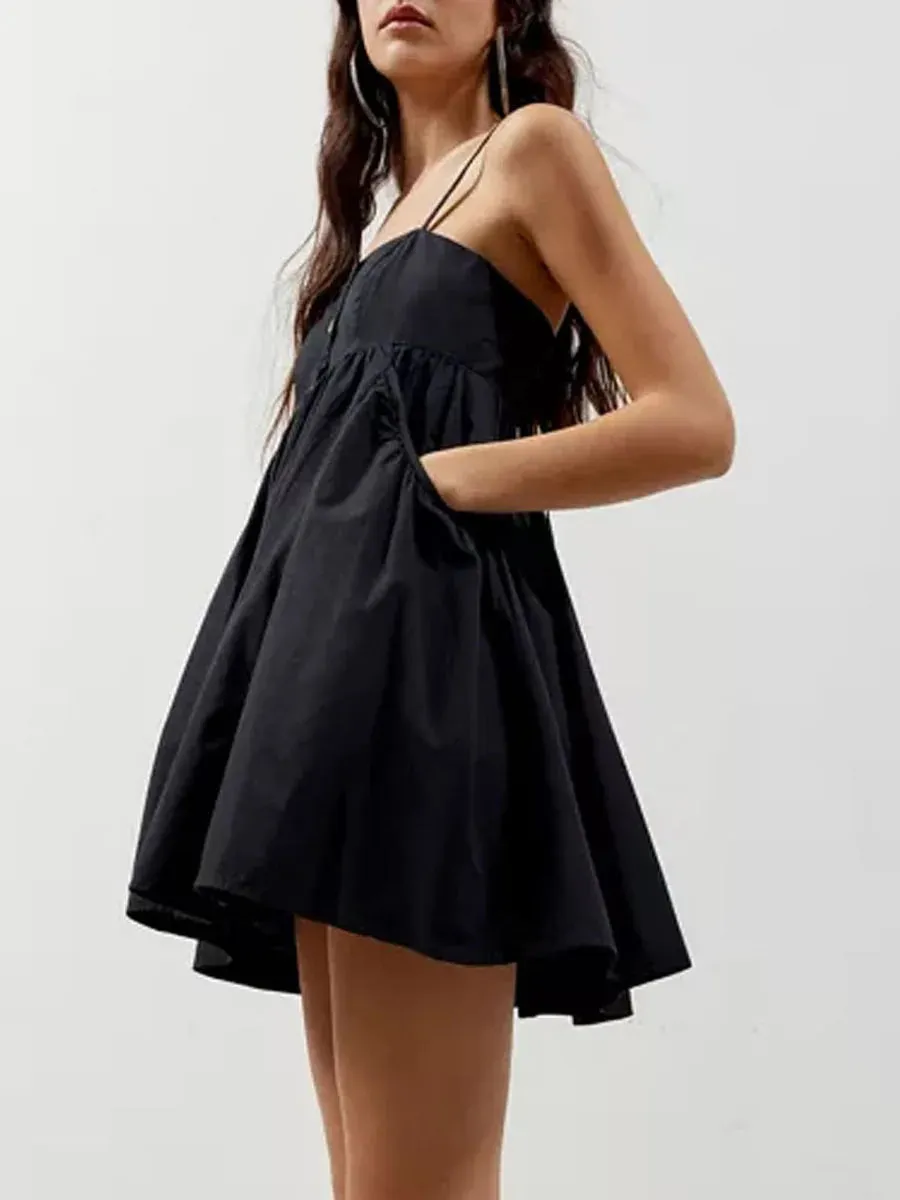 Babydoll Mini Dress Solid Color Sleeveless Spaghetti Strap Button Front A-Line Pockets Black Elegant Women's Dress