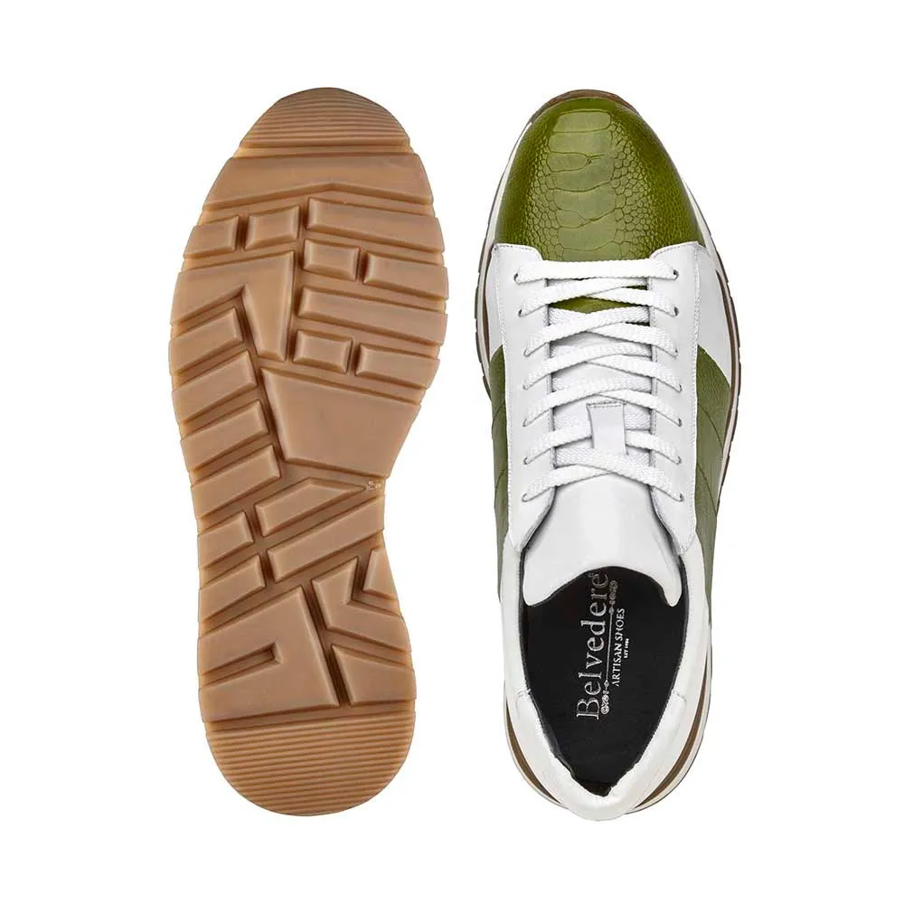 Belvedere Blake Men's White & Lime Exotic Ostrich/Calf-Skin Leather Sneakers