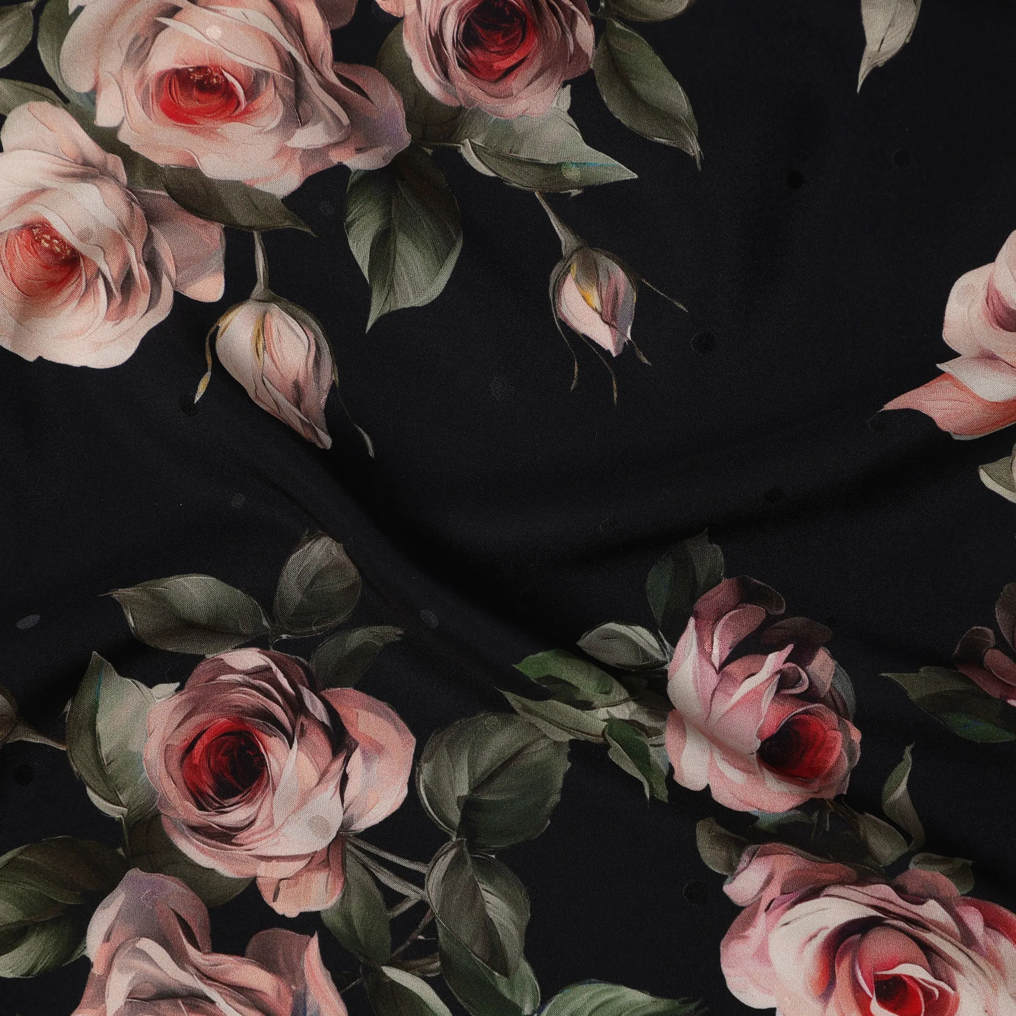 Black and Pink Rose Print Pure Silk Satin Fabric, 140 cm Width, Made in Italy -D21172