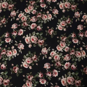 Black and Pink Rose Print Pure Silk Satin Fabric, 140 cm Width, Made in Italy -D21172