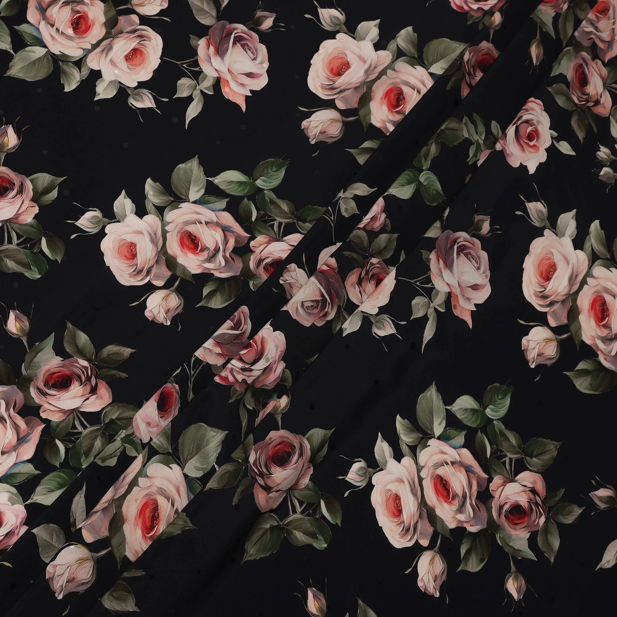 Black and Pink Rose Print Pure Silk Satin Fabric, 140 cm Width, Made in Italy -D21172