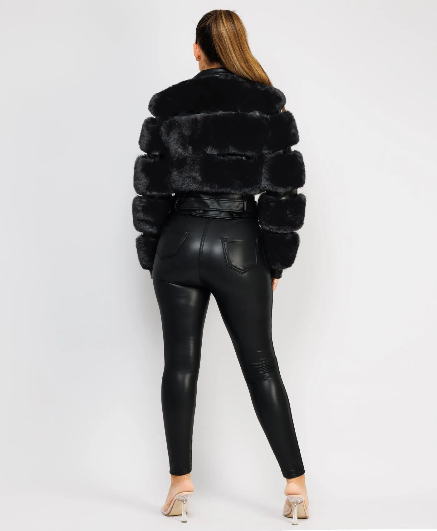 Black Faux Fur Vegan Leather Belted Biker Jacket