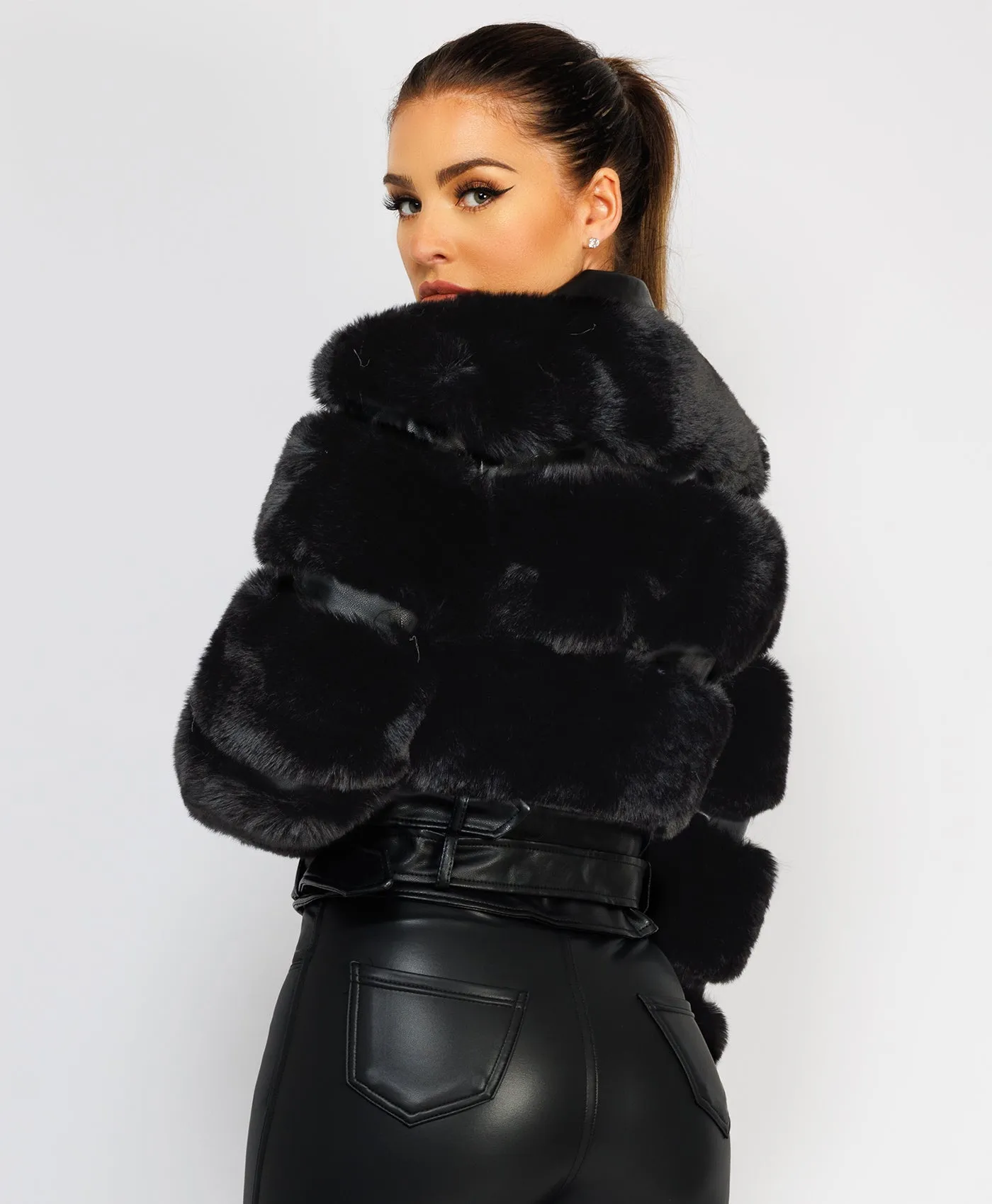 Black Faux Fur Vegan Leather Belted Biker Jacket