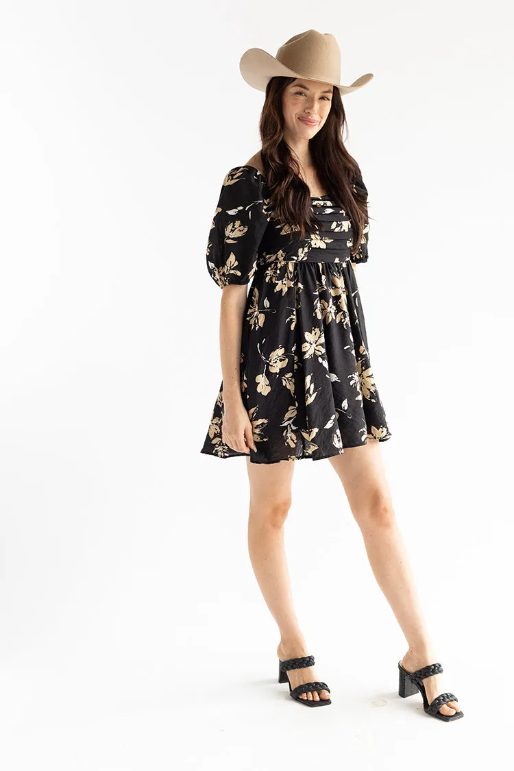 Black Floral Puff Sleeve Dress