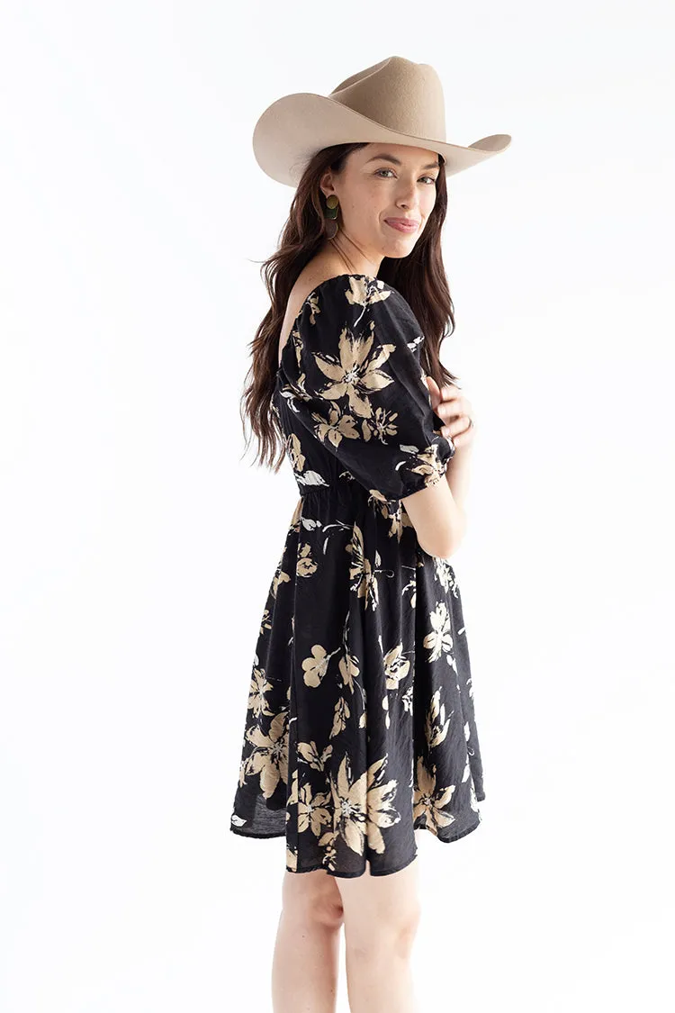 Black Floral Puff Sleeve Dress