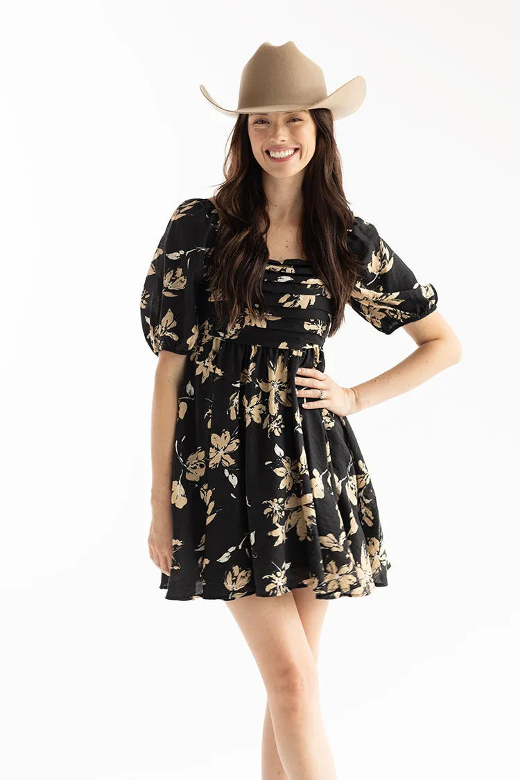 Black Floral Puff Sleeve Dress