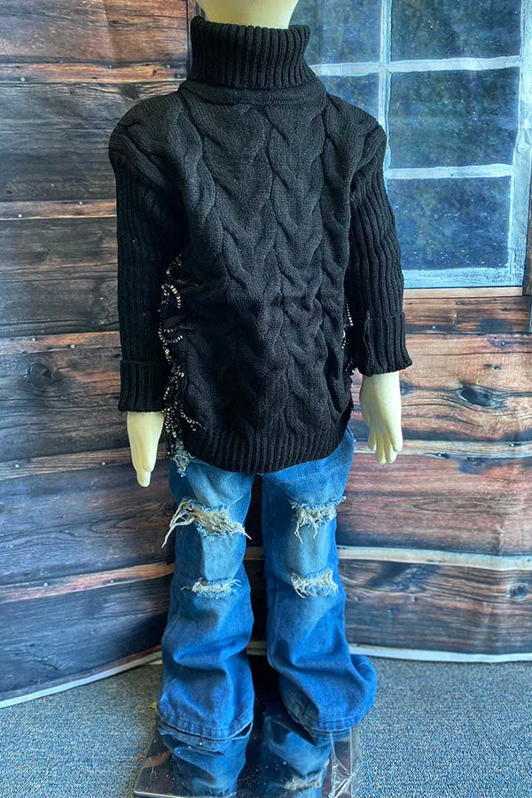 Black girls knit sweater w/sequin fringe DLH2517