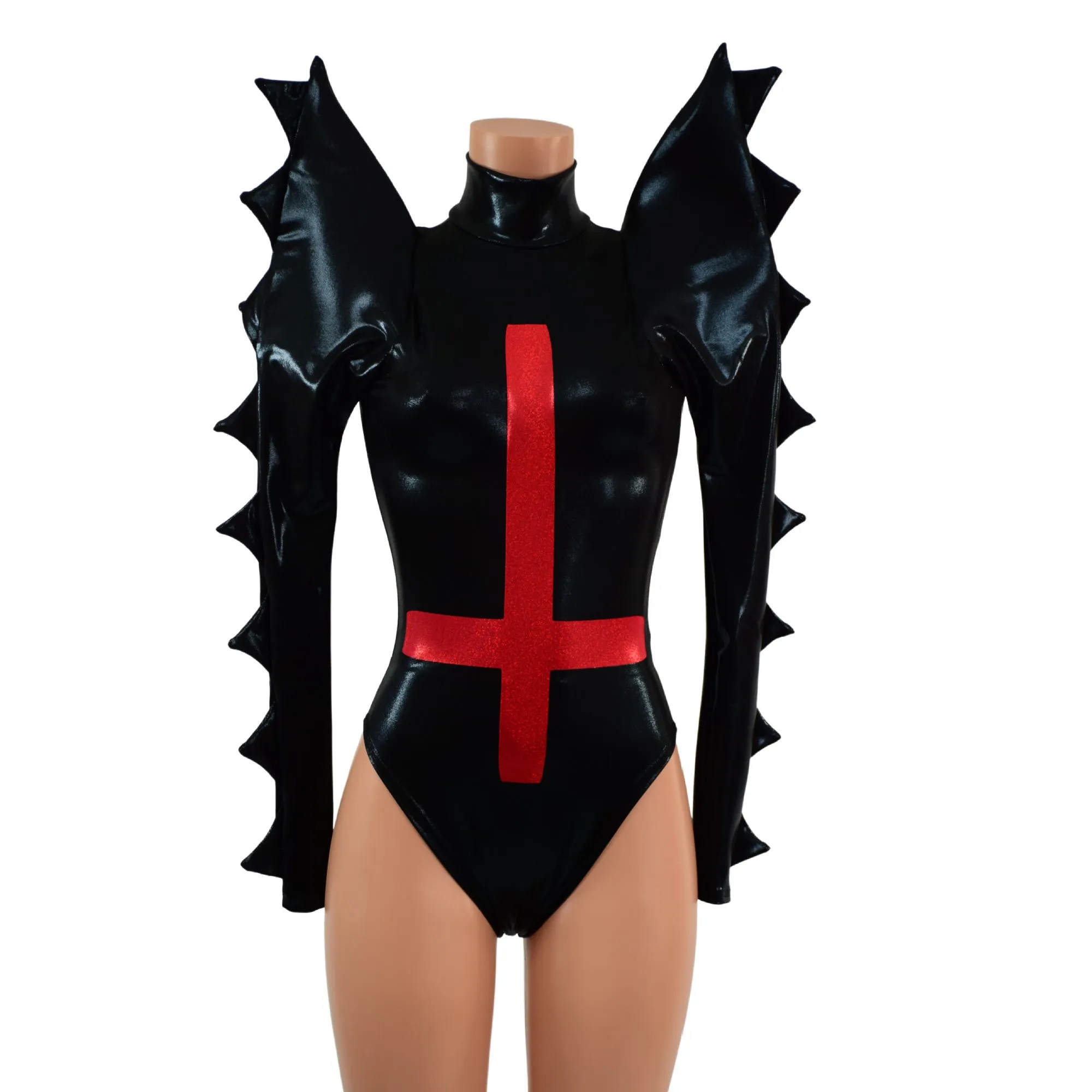 Black Mystique Spiked Romper with Inverted Cross