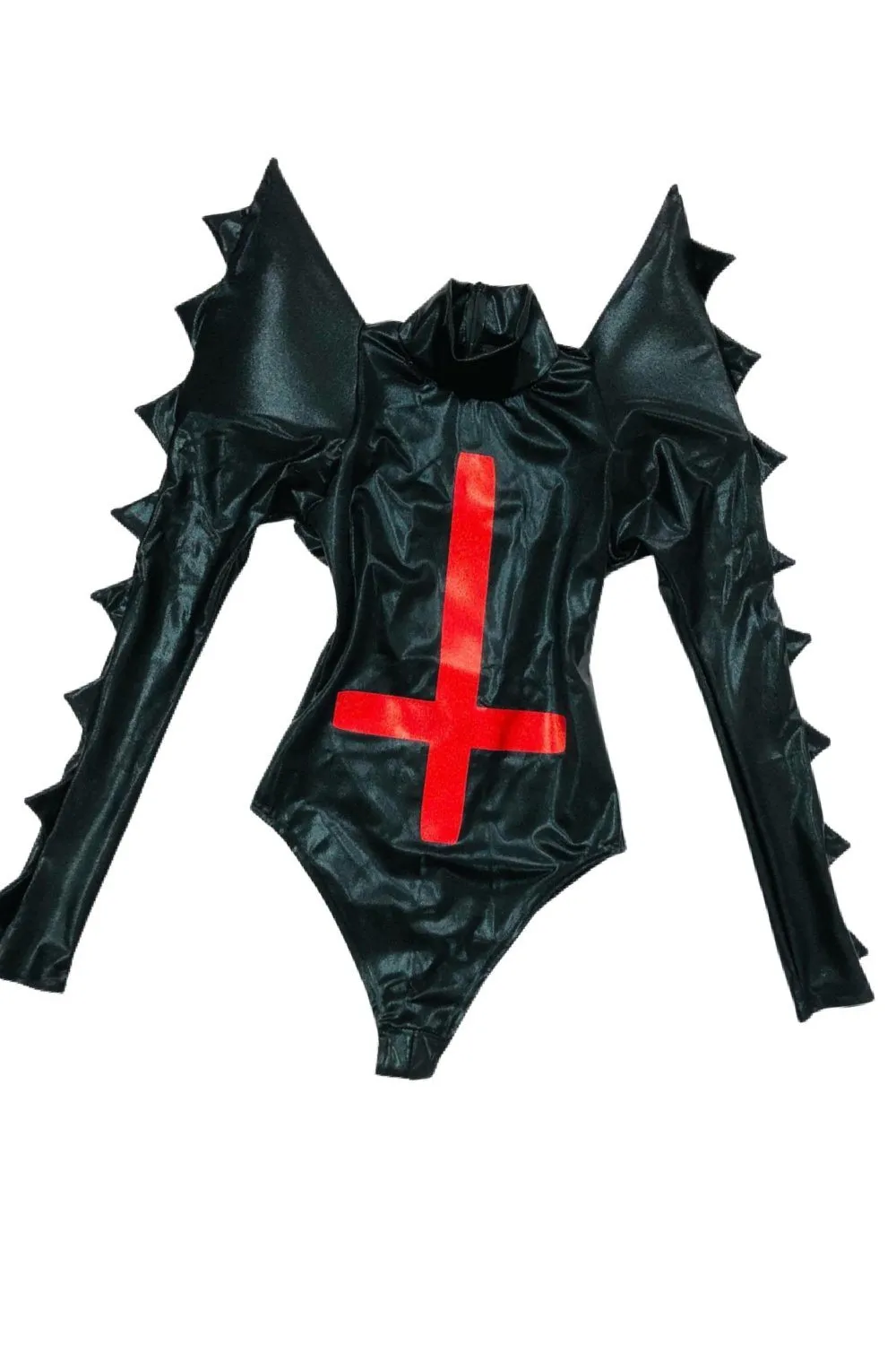 Black Mystique Spiked Romper with Inverted Cross