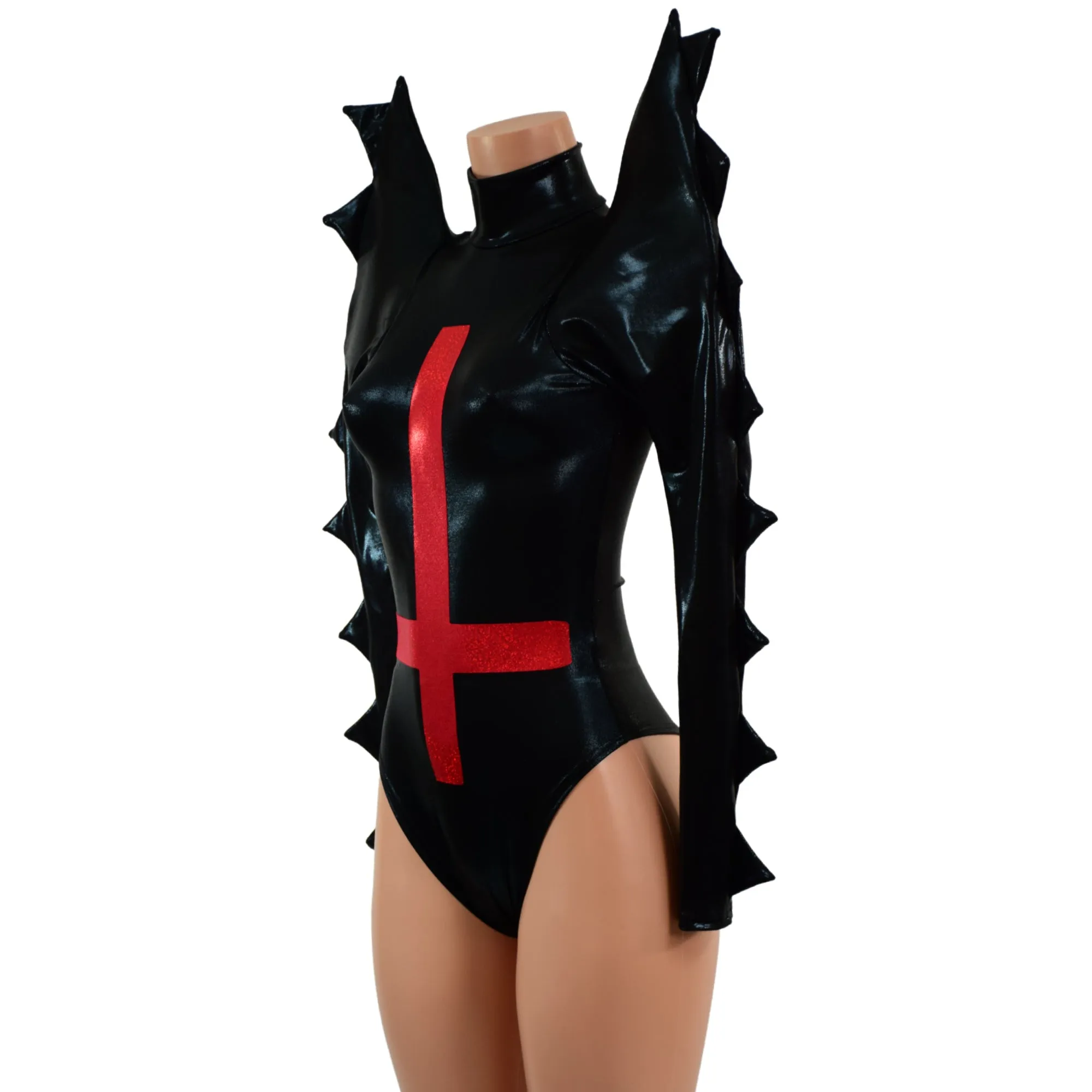 Black Mystique Spiked Romper with Inverted Cross