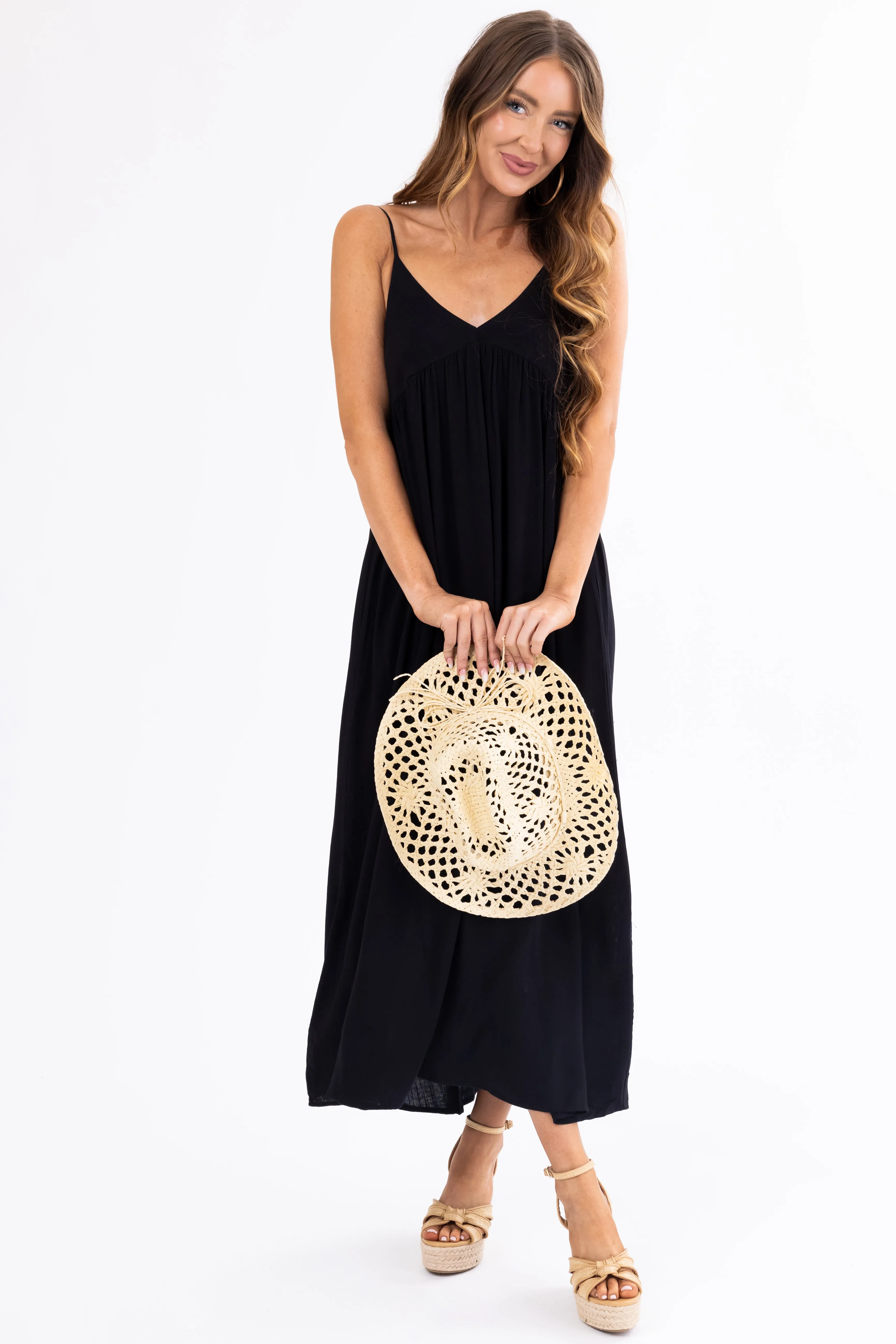 Black Woven Strapless Flowy Midi Dress