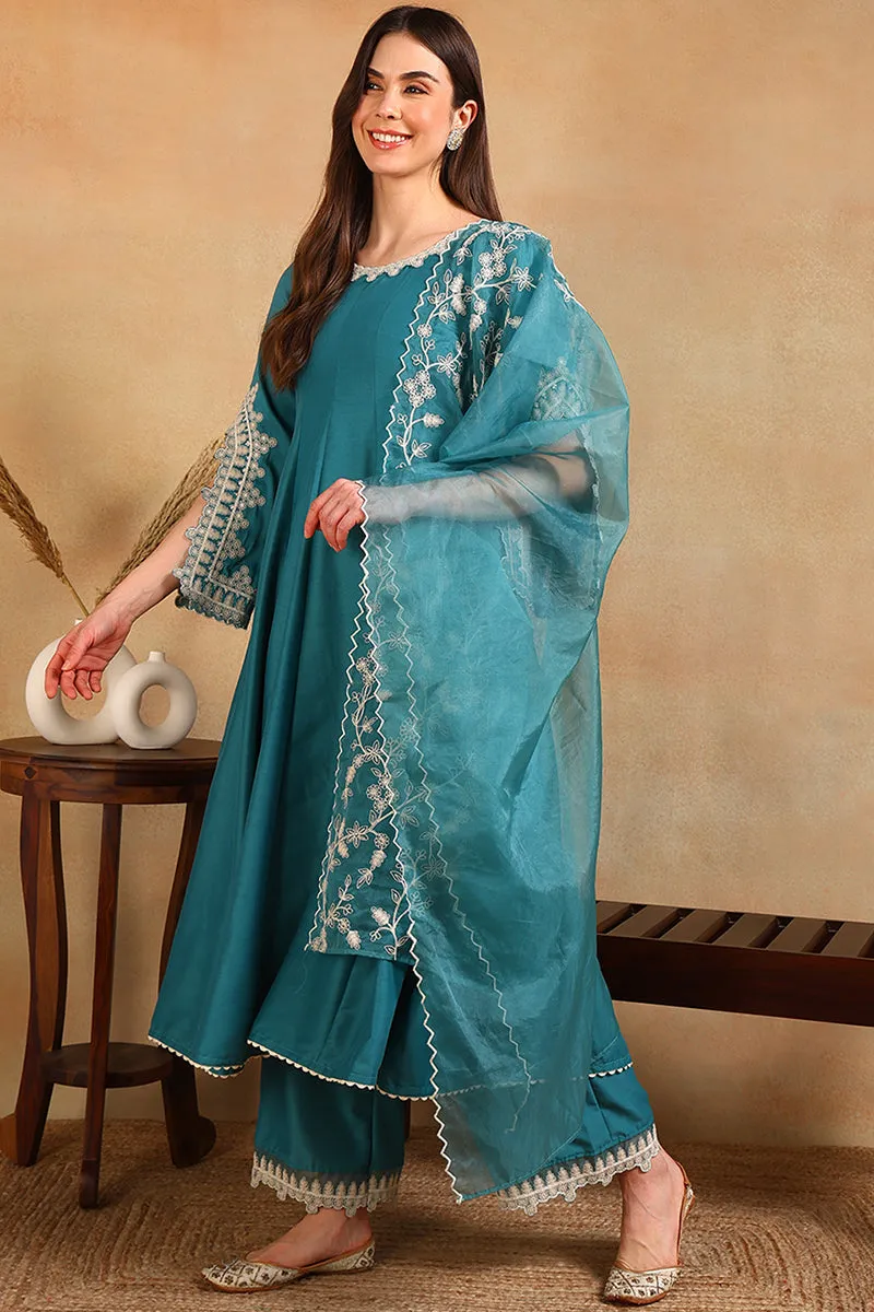 Blue Silk Blend Solid Embroidered Flared Suit Set