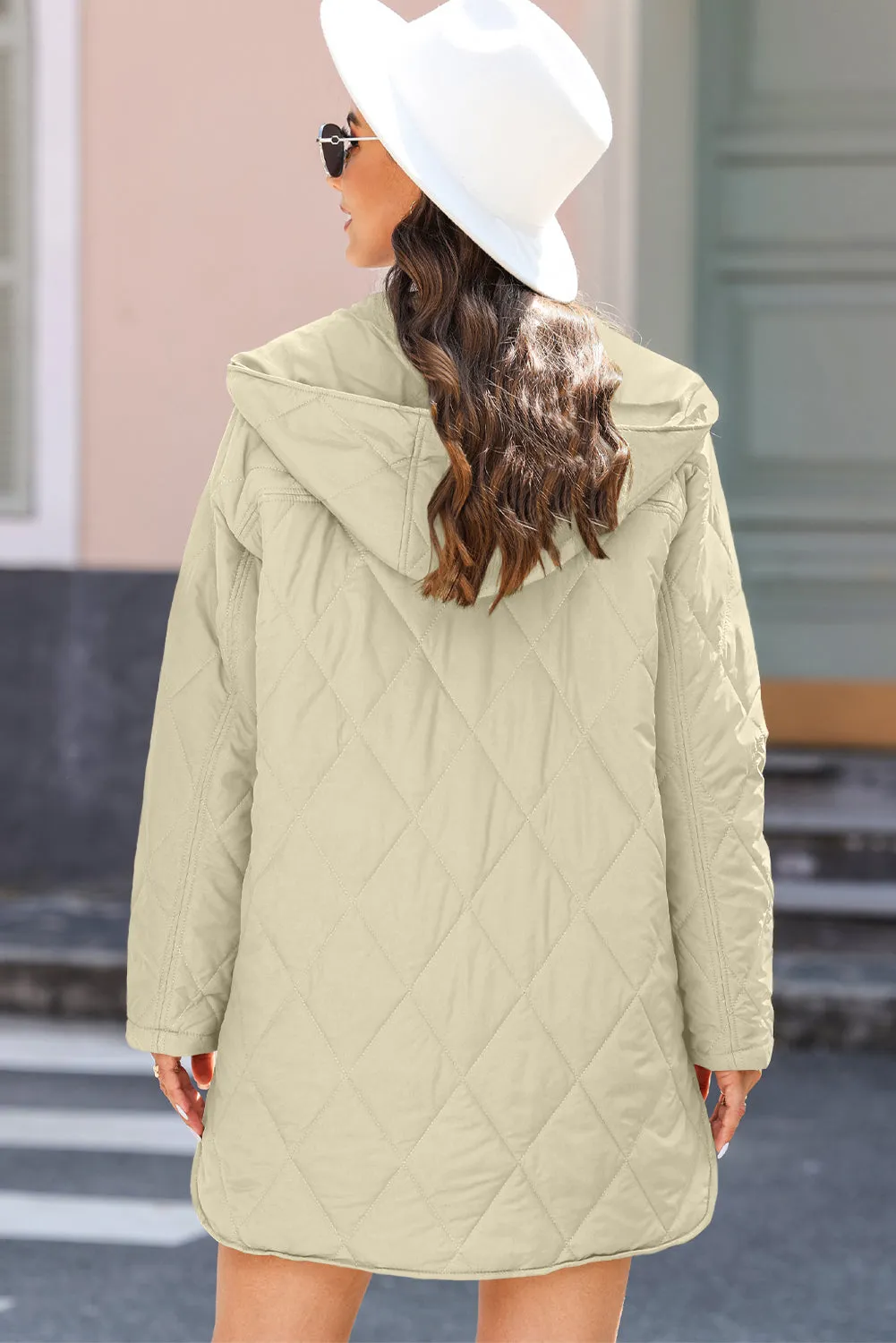 Blue Zone Planet |  Beige Quilted Snap Button Hooded Coat