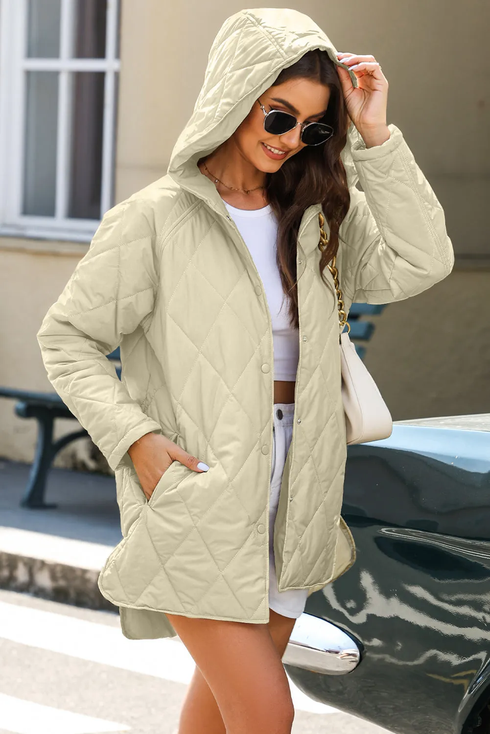 Blue Zone Planet |  Beige Quilted Snap Button Hooded Coat