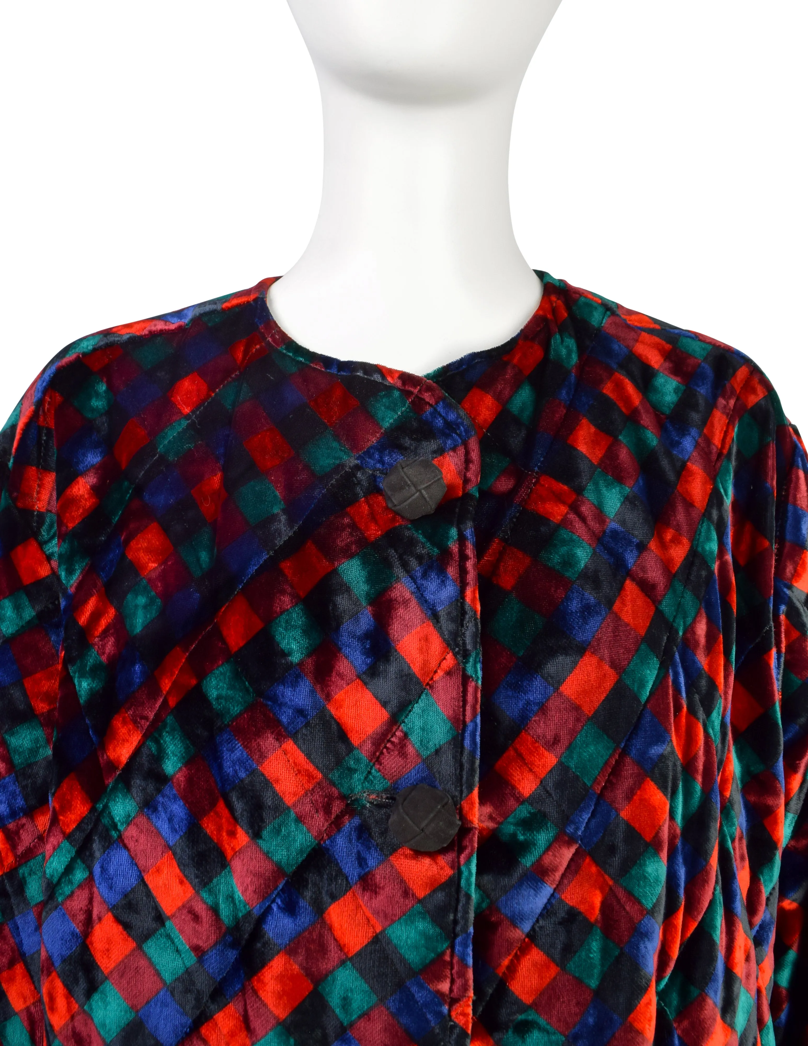 Bottega Veneta Vintage Black Red Blue Green Trompe L'oeil Intrecciato Quilted Velvet Coat and Shawl Set