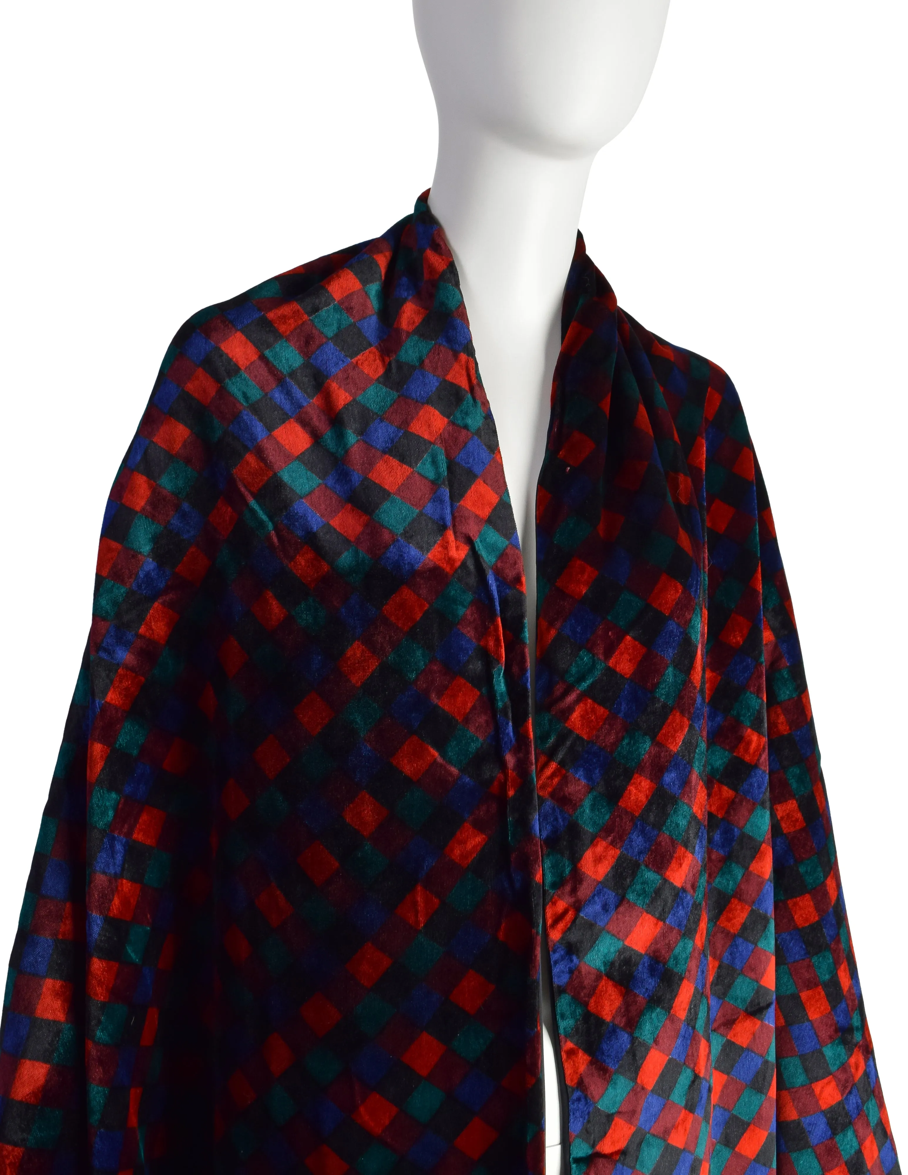 Bottega Veneta Vintage Black Red Blue Green Trompe L'oeil Intrecciato Quilted Velvet Coat and Shawl Set