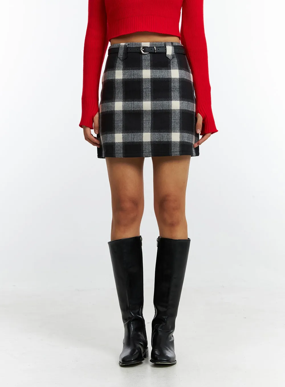 Buckle Plaid Mini Skirt IN322