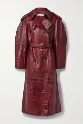 Burgundy belted double-breasted leather trench coat