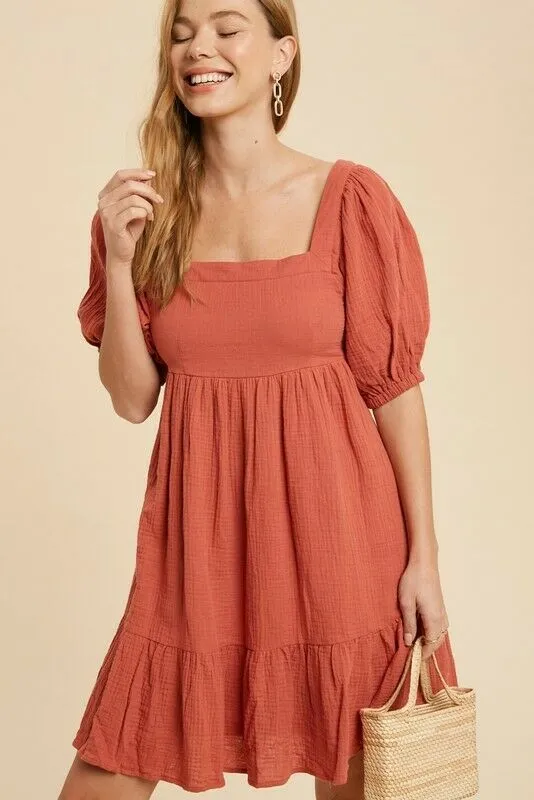 Burnt Coral Boho Cotton Gauze Ruffle Tiered Bubble Sleeve Bow Babydoll Dress