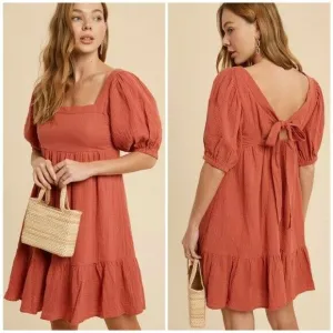 Burnt Coral Boho Cotton Gauze Ruffle Tiered Bubble Sleeve Bow Babydoll Dress